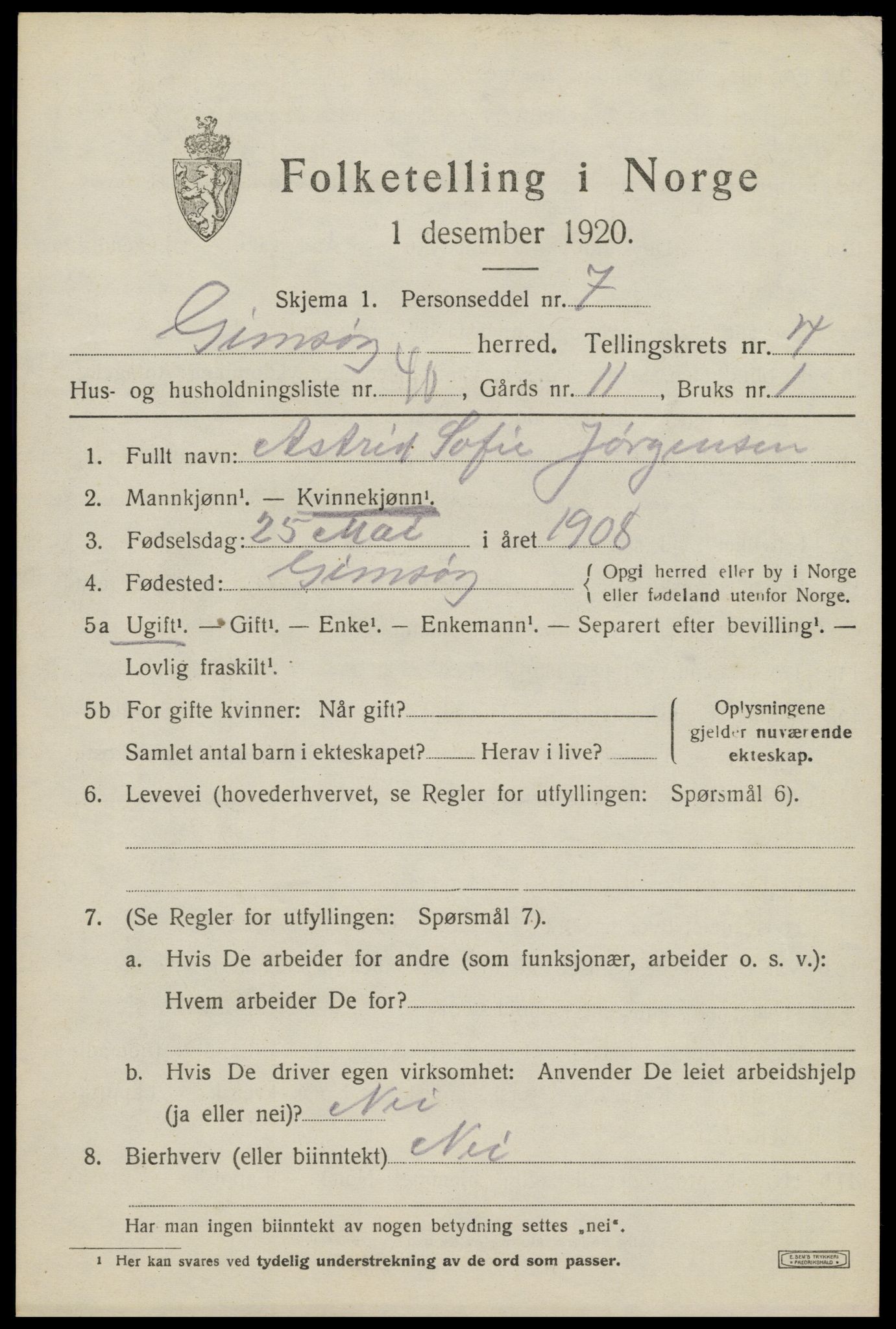 SAT, 1920 census for Gimsøy, 1920, p. 2517