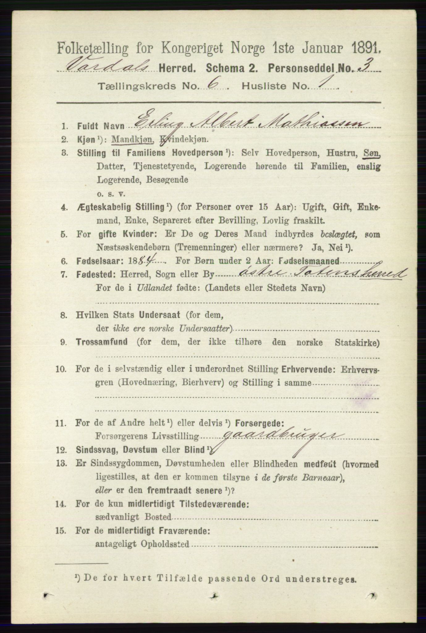 RA, 1891 census for 0527 Vardal, 1891, p. 2376