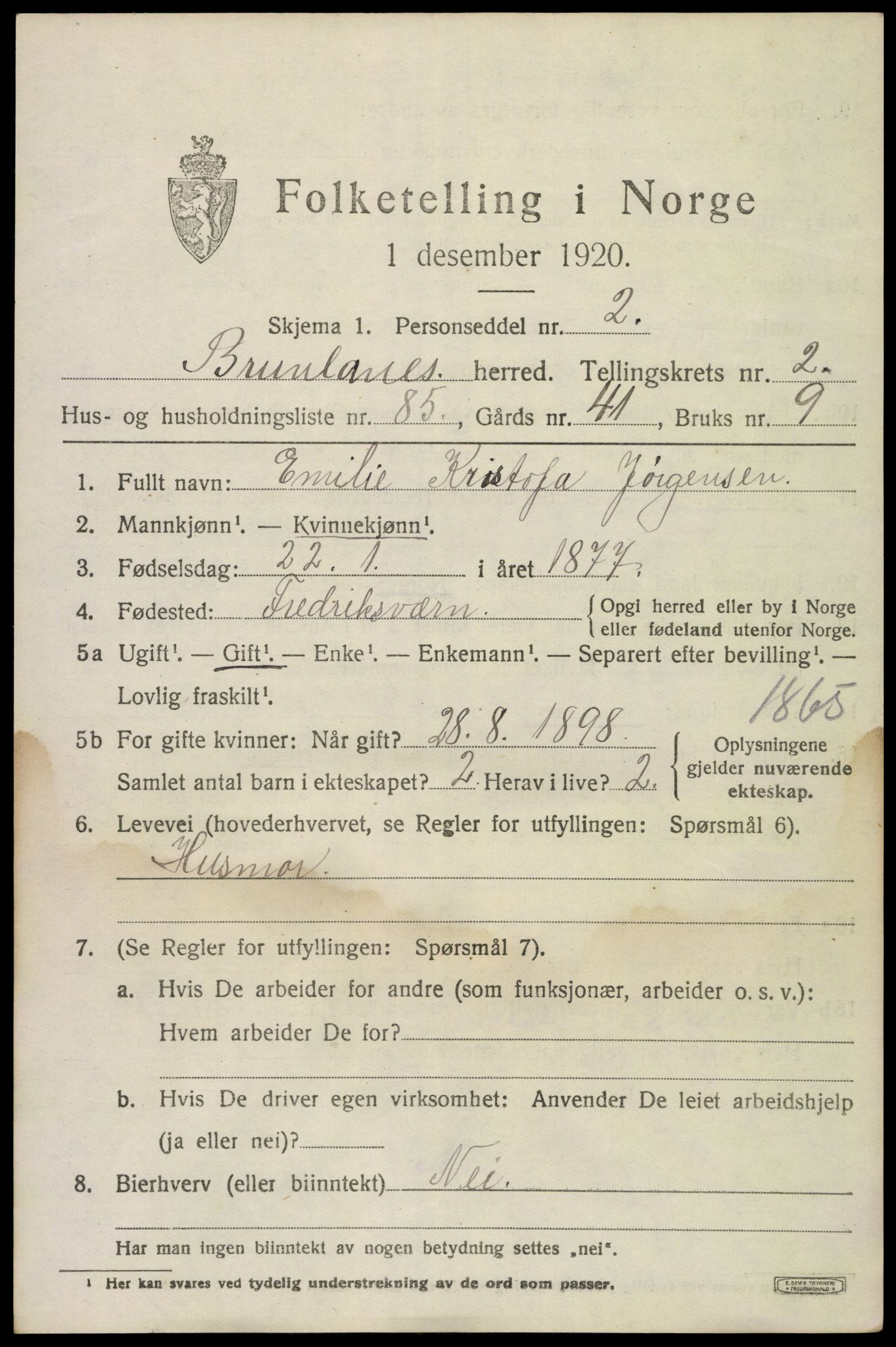 SAKO, 1920 census for Brunlanes, 1920, p. 4461
