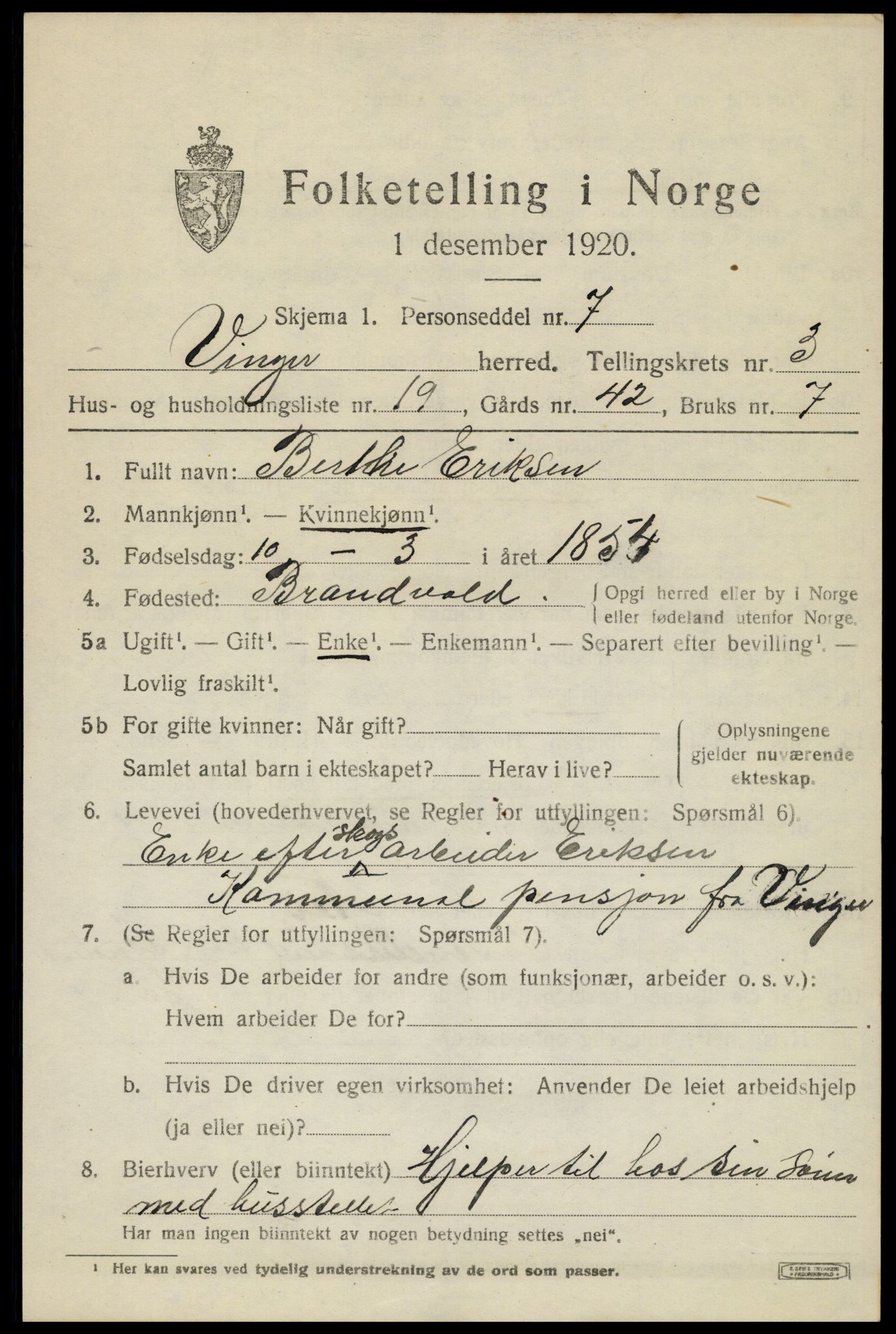 SAH, 1920 census for Vinger, 1920, p. 4796