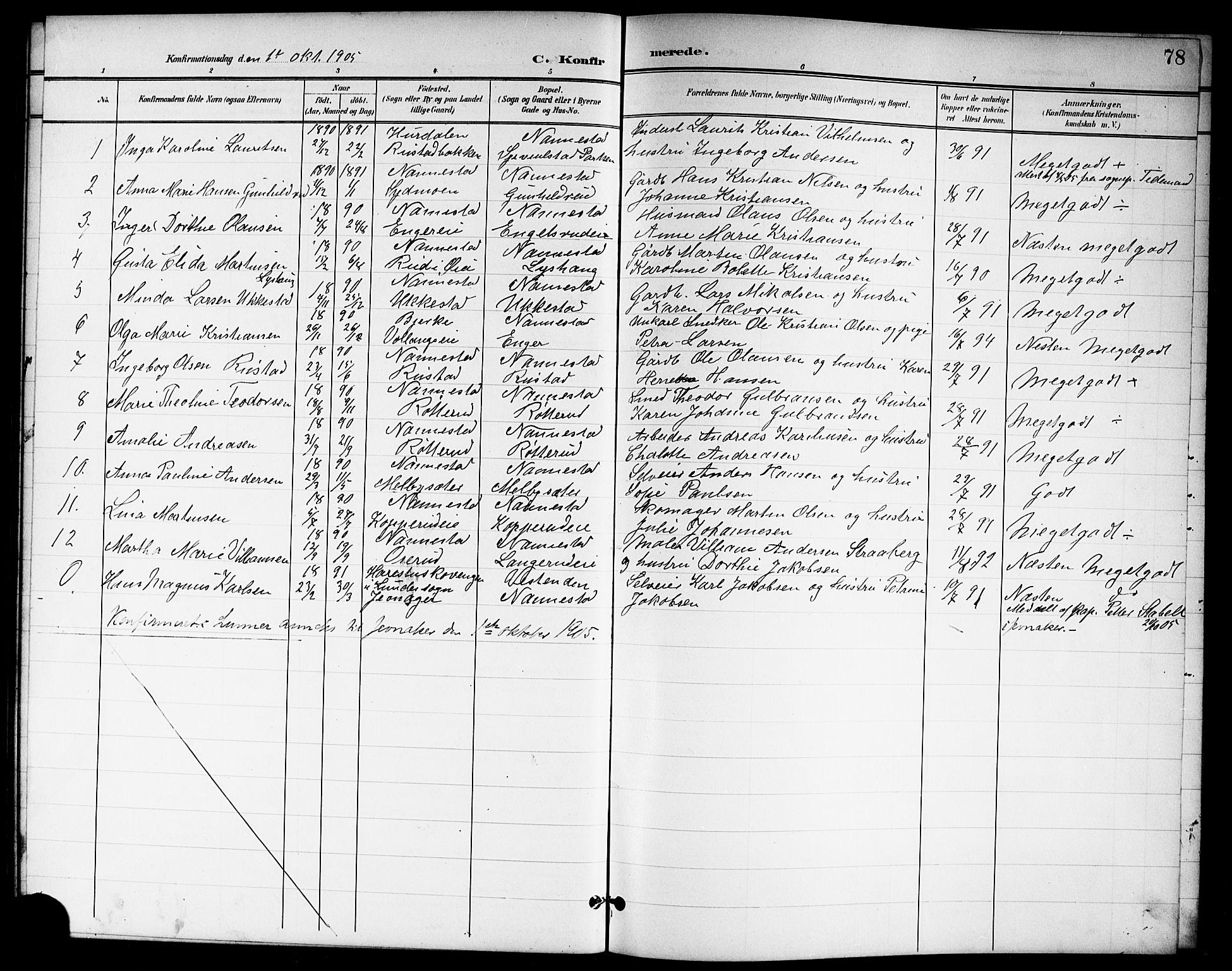 Nannestad prestekontor Kirkebøker, SAO/A-10414a/G/Ga/L0002: Parish register (copy) no. I 2, 1901-1913, p. 78