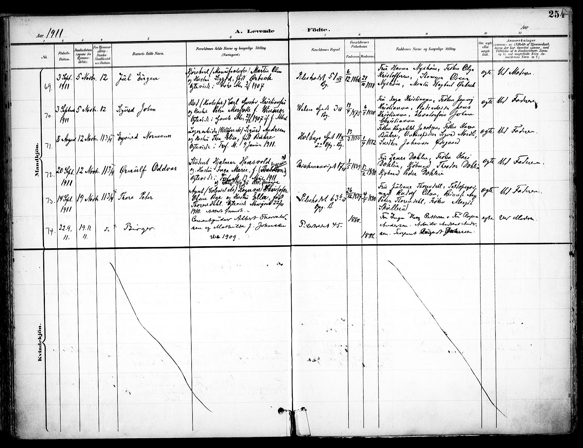 Trefoldighet prestekontor Kirkebøker, AV/SAO-A-10882/F/Fa/L0007: Parish register (official) no. I 7, 1900-1914, p. 254