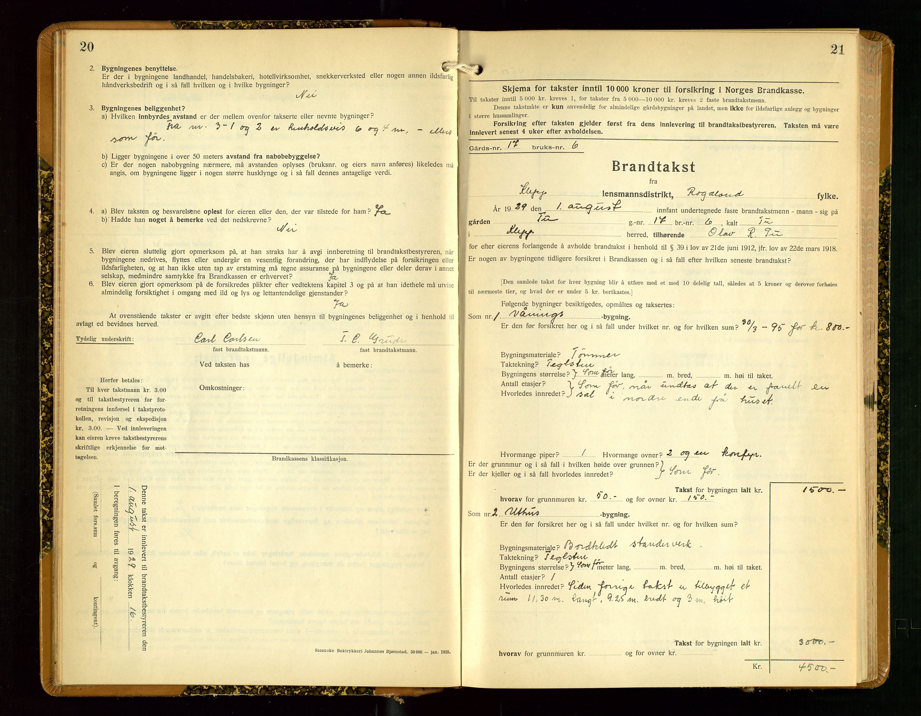Klepp lensmannskontor, AV/SAST-A-100163/Goc/L0012: "Brandtakstprotokoll" m/register, 1929-1933, p. 20-21