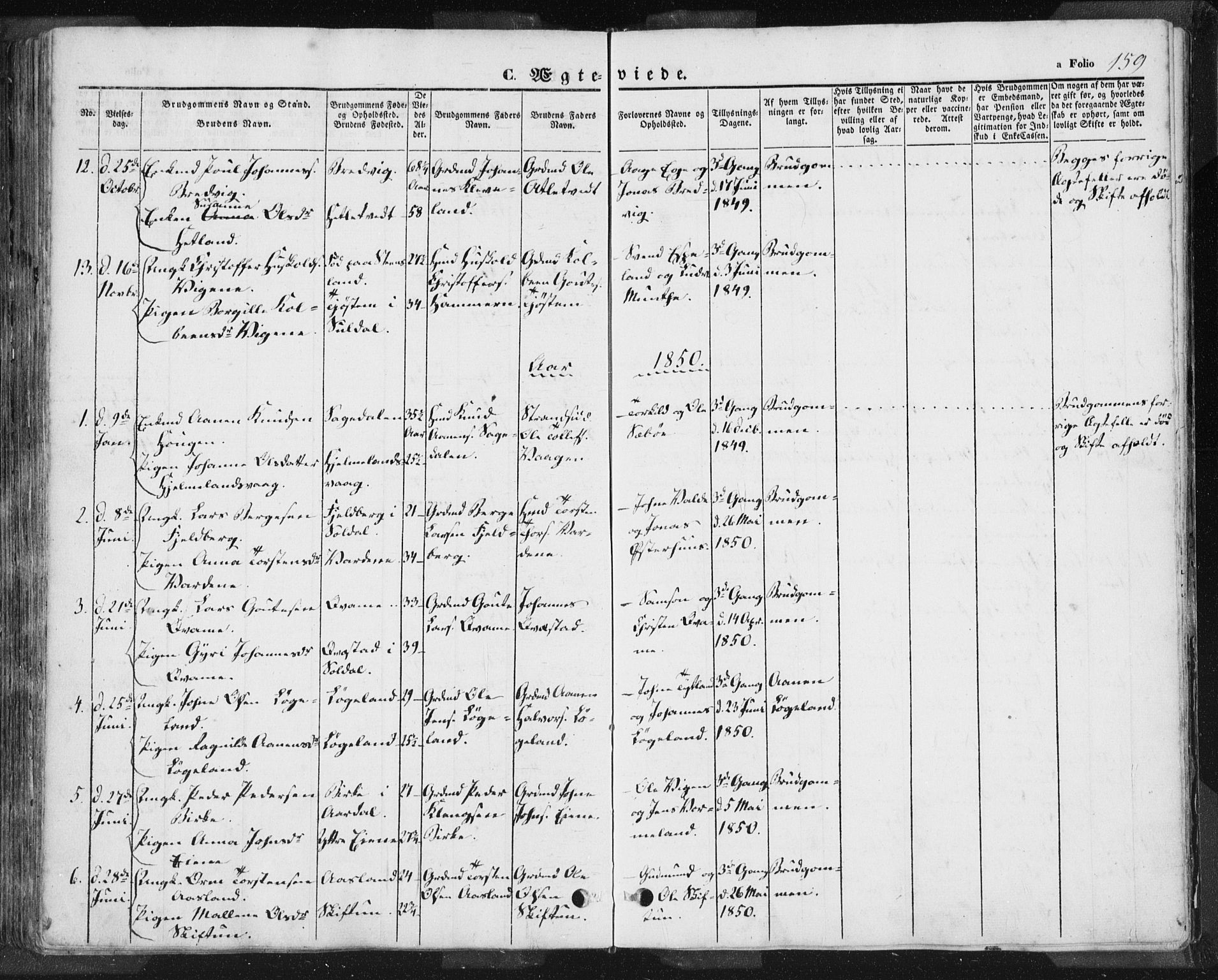 Hjelmeland sokneprestkontor, AV/SAST-A-101843/01/IV/L0009: Parish register (official) no. A 9, 1846-1860, p. 159