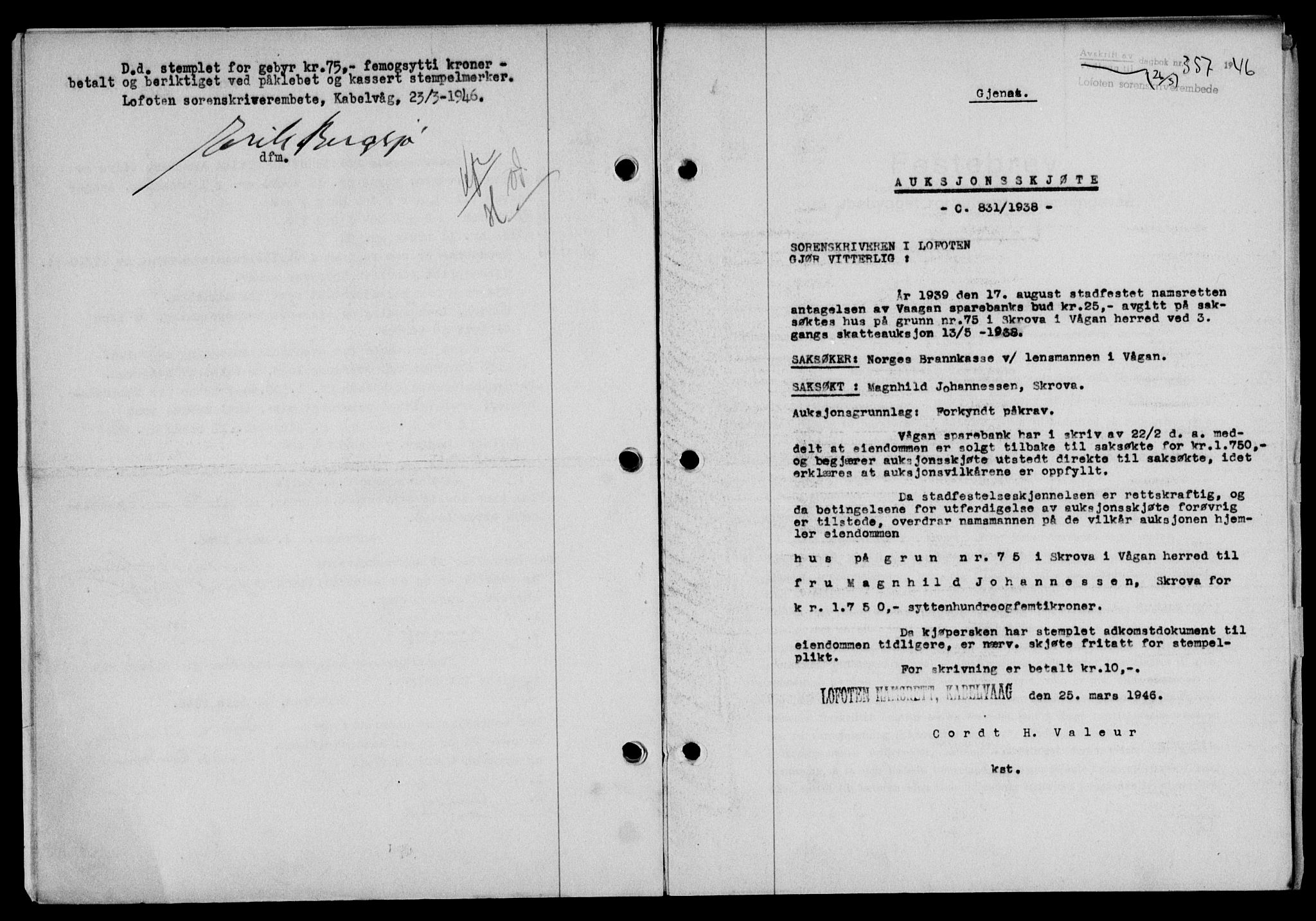 Lofoten sorenskriveri, SAT/A-0017/1/2/2C/L0013a: Mortgage book no. 13a, 1944-1946, Diary no: : 357/1946