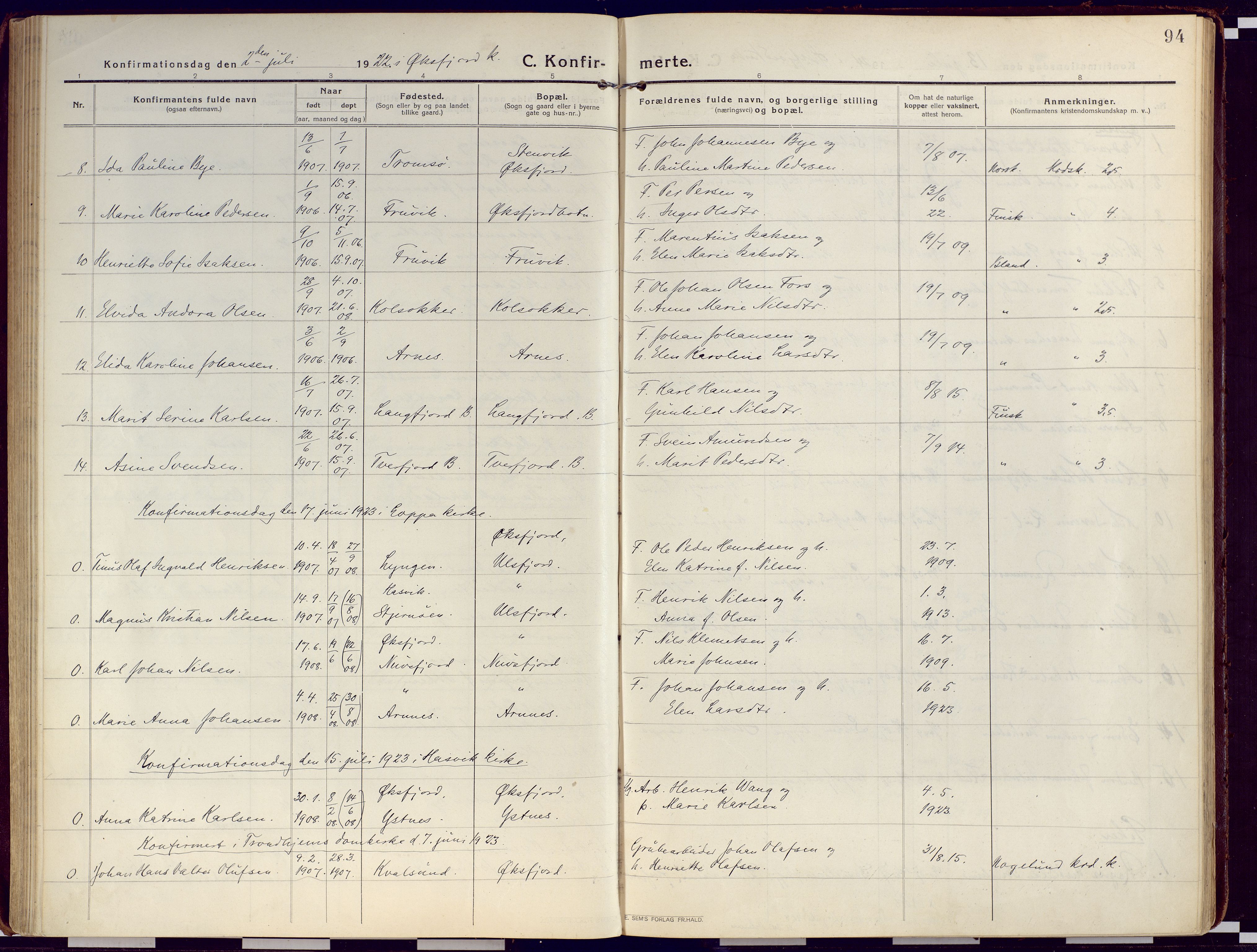 Loppa sokneprestkontor, SATØ/S-1339/H/Ha/L0012kirke: Parish register (official) no. 12, 1917-1932, p. 94