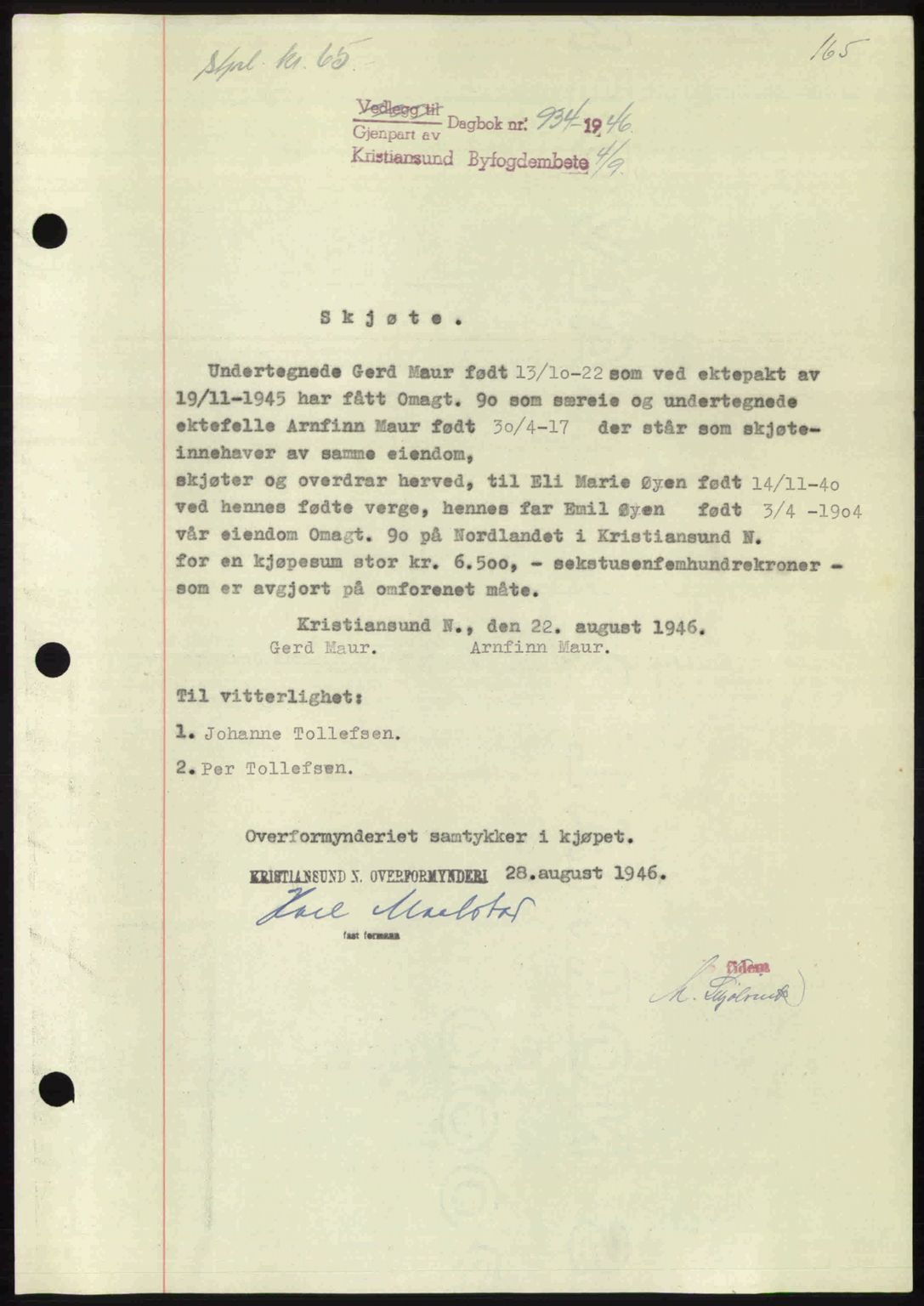 Kristiansund byfogd, AV/SAT-A-4587/A/27: Mortgage book no. 39b, 1946-1947, Diary no: : 934/1946