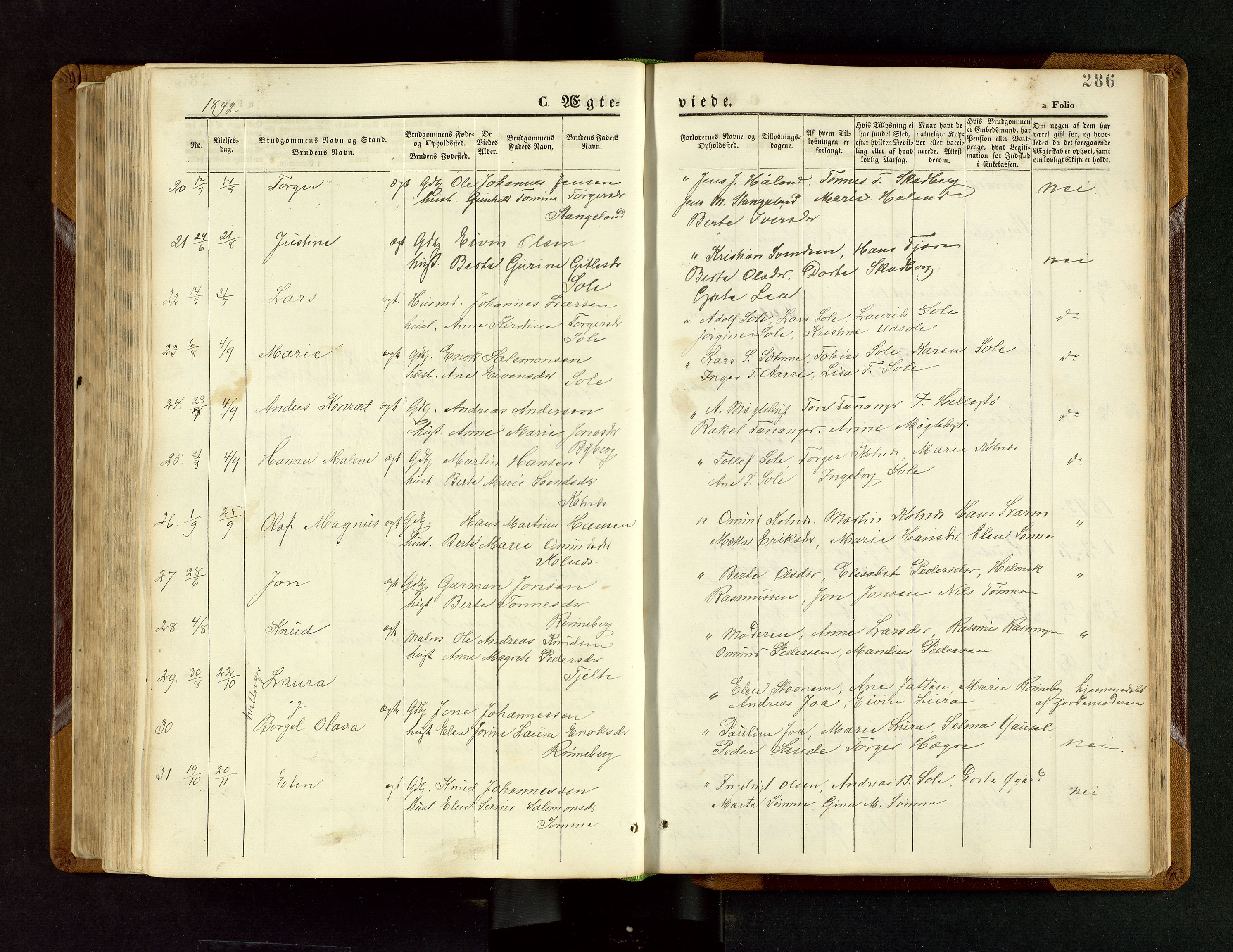 Håland sokneprestkontor, AV/SAST-A-101802/001/30BB/L0003: Parish register (copy) no. B 3, 1873-1893, p. 286