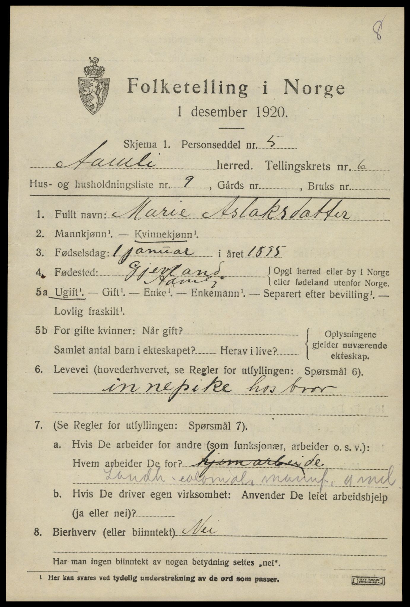 SAK, 1920 census for Åmli, 1920, p. 2719