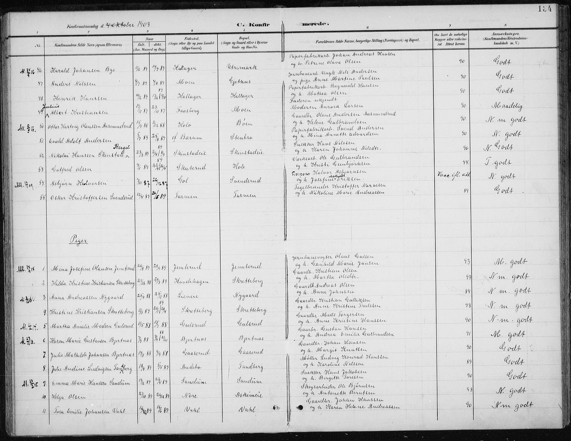 Modum kirkebøker, AV/SAKO-A-234/F/Fa/L0013: Parish register (official) no. 13, 1899-1907, p. 134