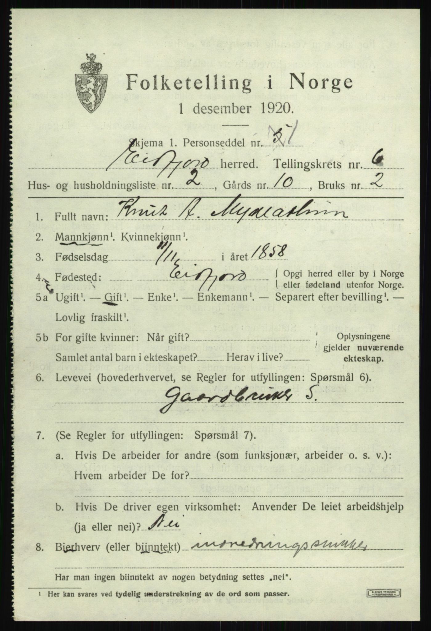 SAB, 1920 census for Eidfjord, 1920, p. 1928