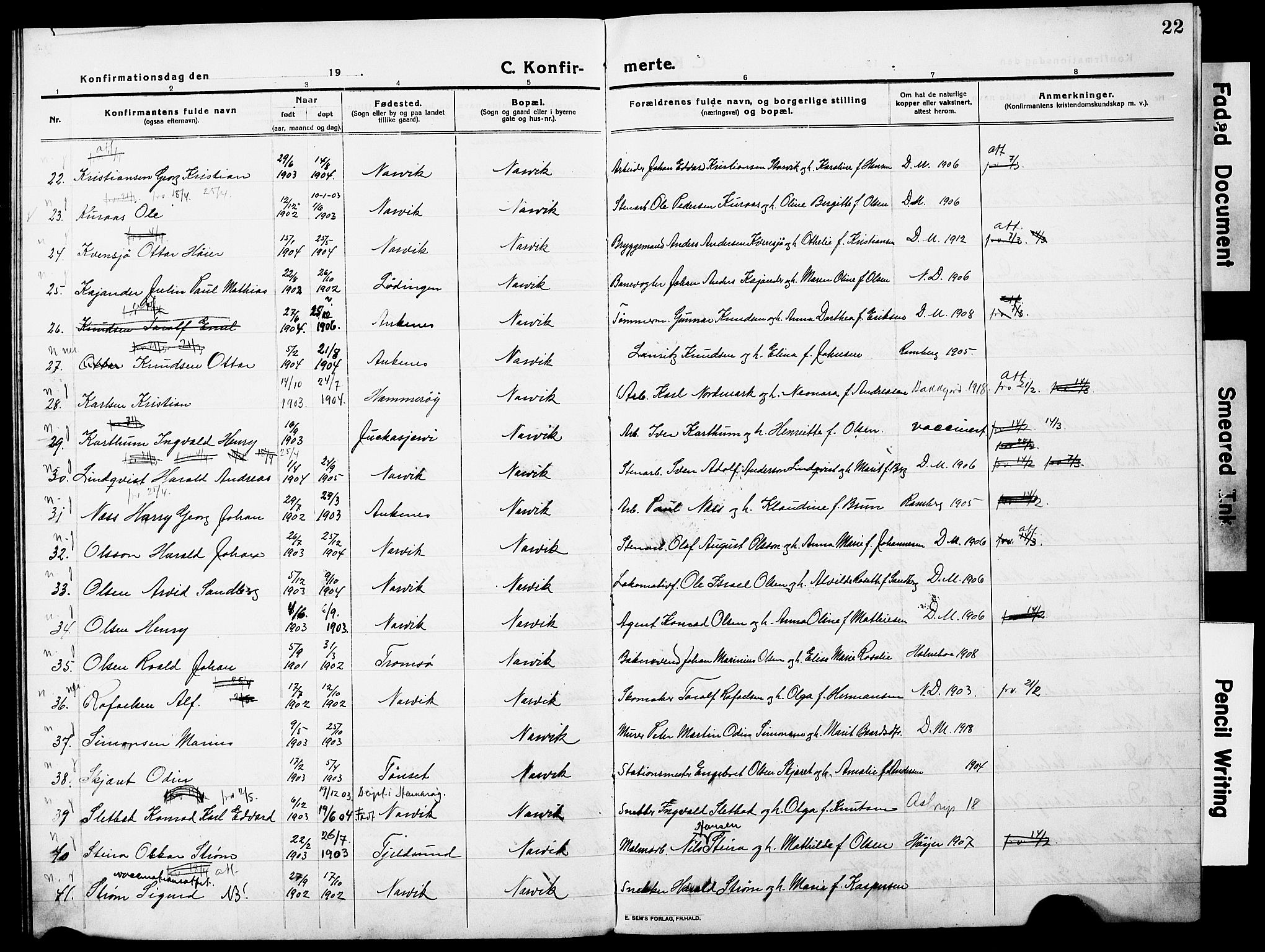 Ministerialprotokoller, klokkerbøker og fødselsregistre - Nordland, AV/SAT-A-1459/871/L0989: Parish register (official) no. 871A05, 1915-1922, p. 22