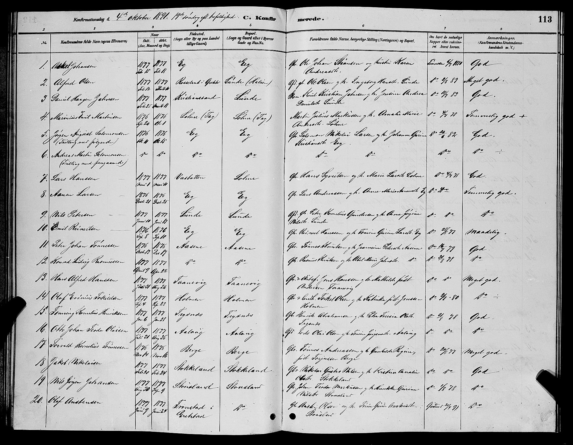 Søgne sokneprestkontor, SAK/1111-0037/F/Fb/Fbb/L0005: Parish register (copy) no. B 5, 1884-1891, p. 113