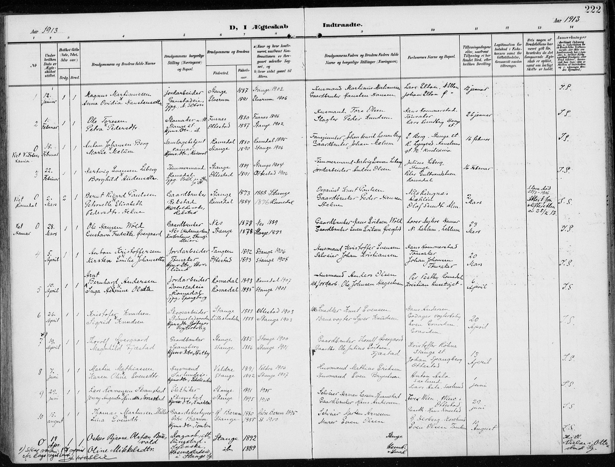 Stange prestekontor, AV/SAH-PREST-002/K/L0024: Parish register (official) no. 24, 1906-1922, p. 222