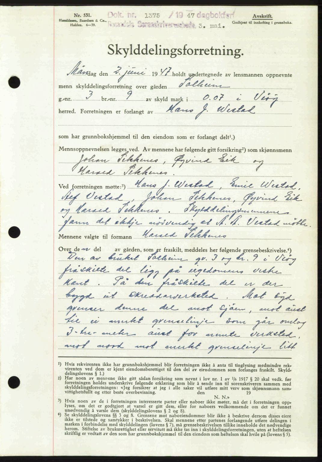 Romsdal sorenskriveri, AV/SAT-A-4149/1/2/2C: Mortgage book no. A23, 1947-1947, Diary no: : 1375/1947