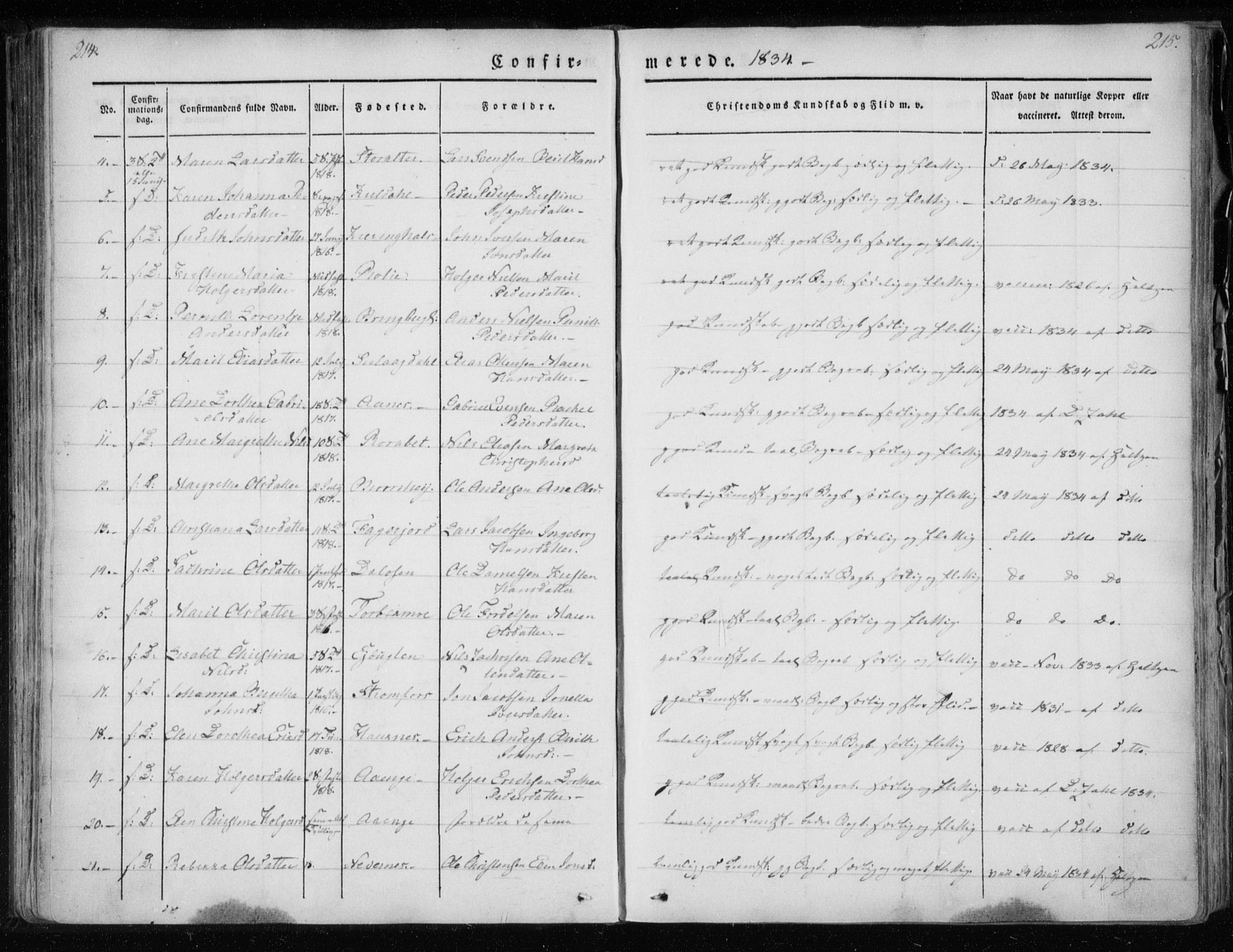 Ministerialprotokoller, klokkerbøker og fødselsregistre - Nordland, AV/SAT-A-1459/825/L0354: Parish register (official) no. 825A08, 1826-1841, p. 214-215