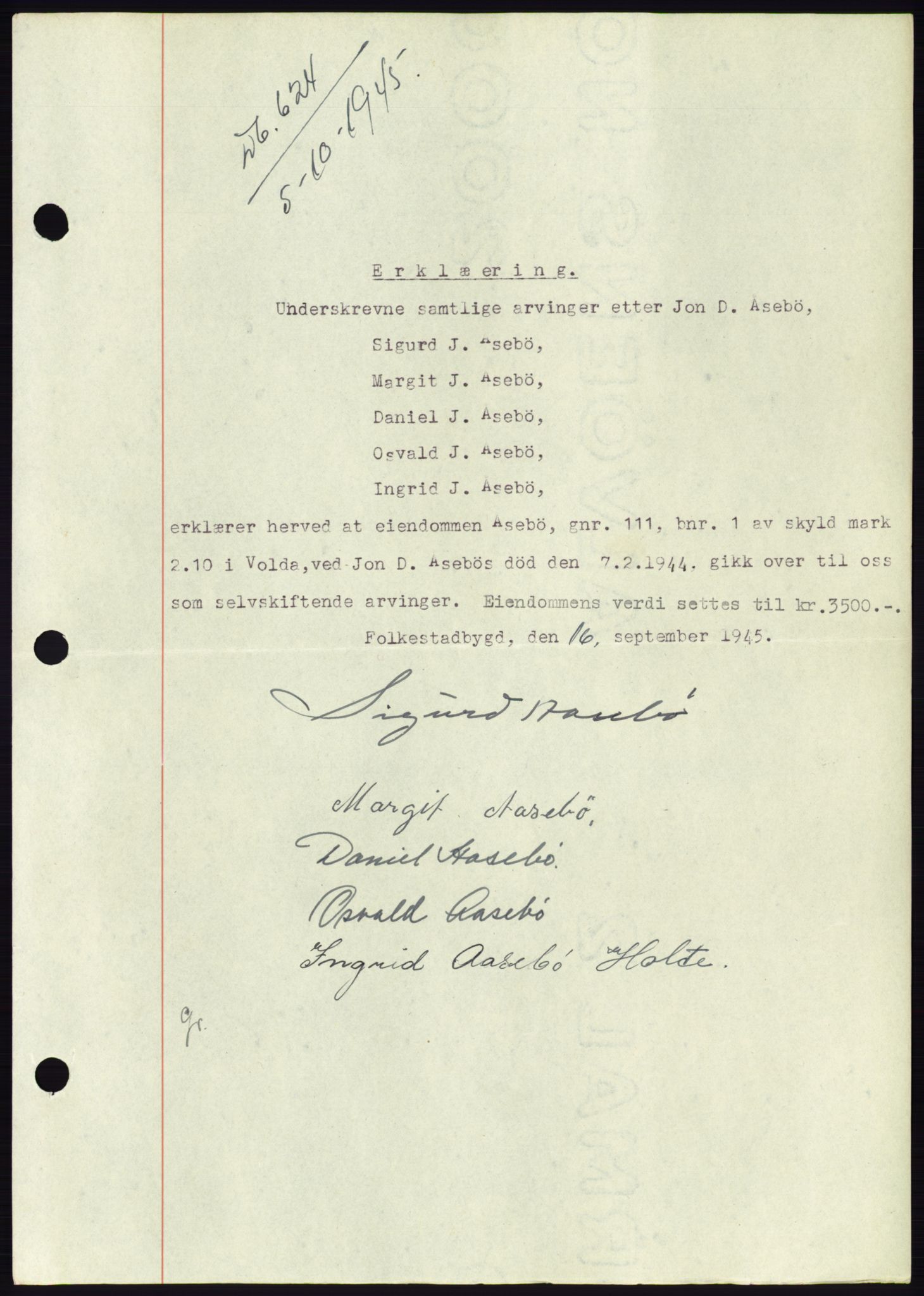 Søre Sunnmøre sorenskriveri, AV/SAT-A-4122/1/2/2C/L0077: Mortgage book no. 3A, 1945-1946, Diary no: : 624/1945