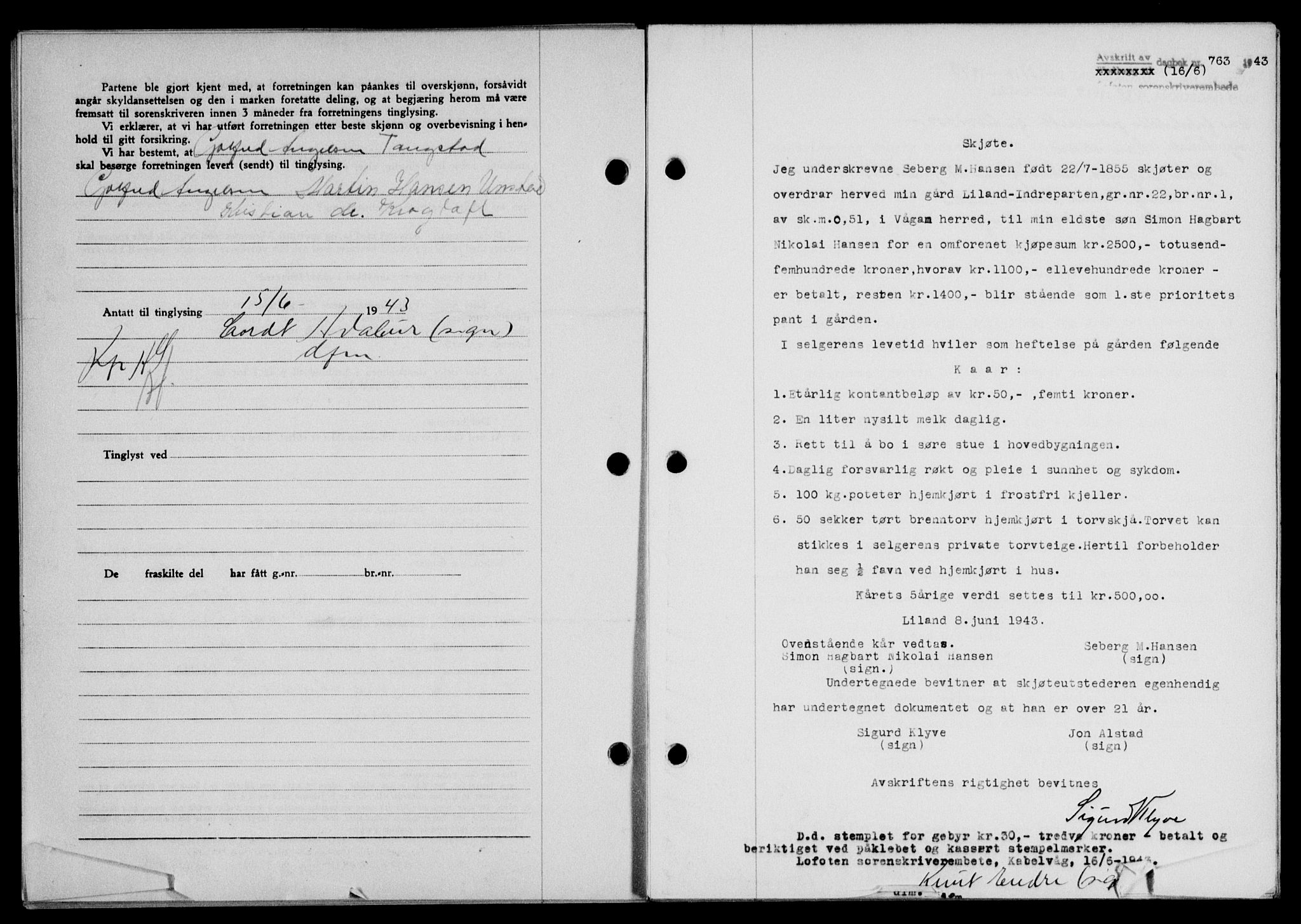 Lofoten sorenskriveri, SAT/A-0017/1/2/2C/L0011a: Mortgage book no. 11a, 1943-1943, Diary no: : 763/1943