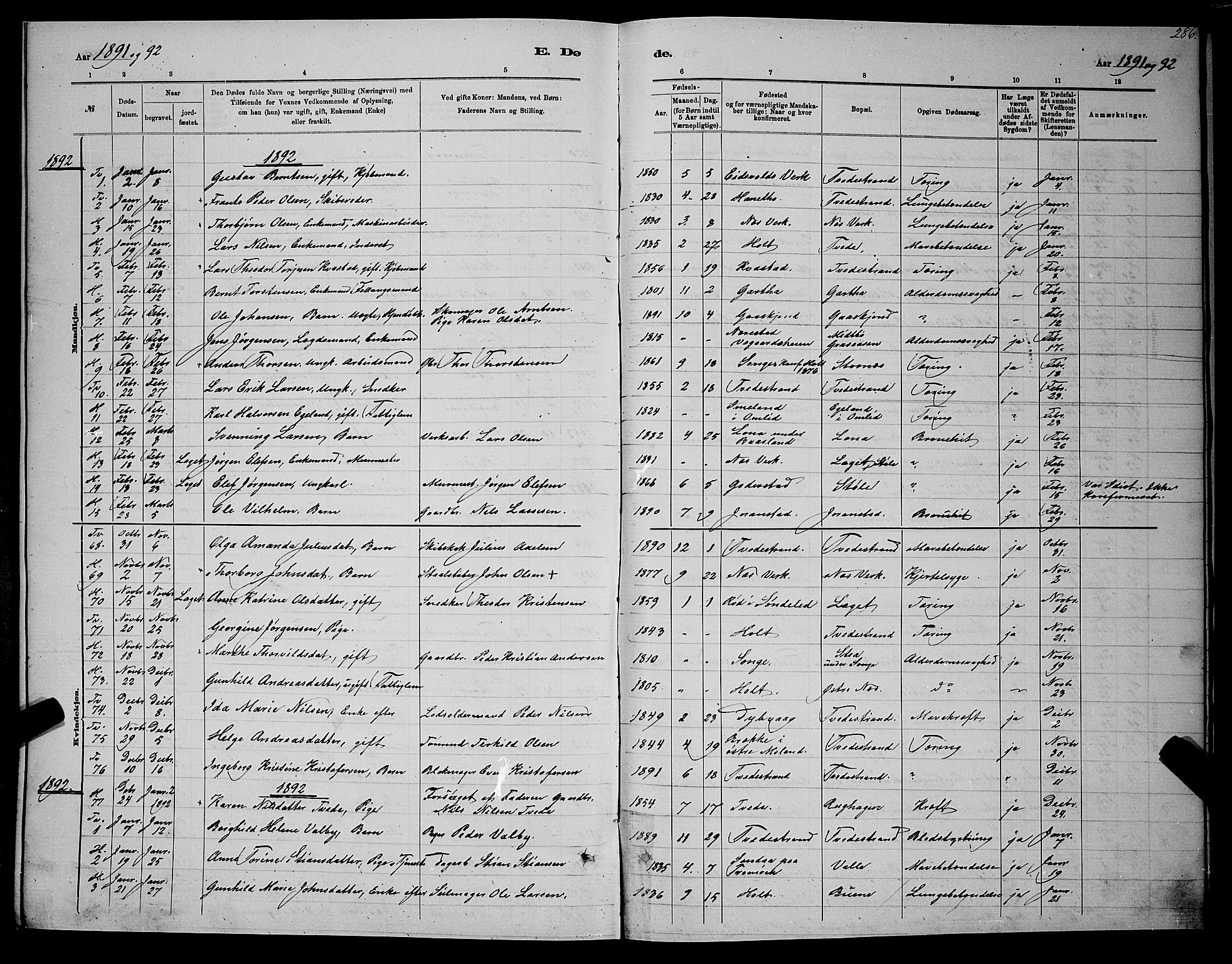 Holt sokneprestkontor, AV/SAK-1111-0021/F/Fb/L0010: Parish register (copy) no. B 10, 1883-1896, p. 286