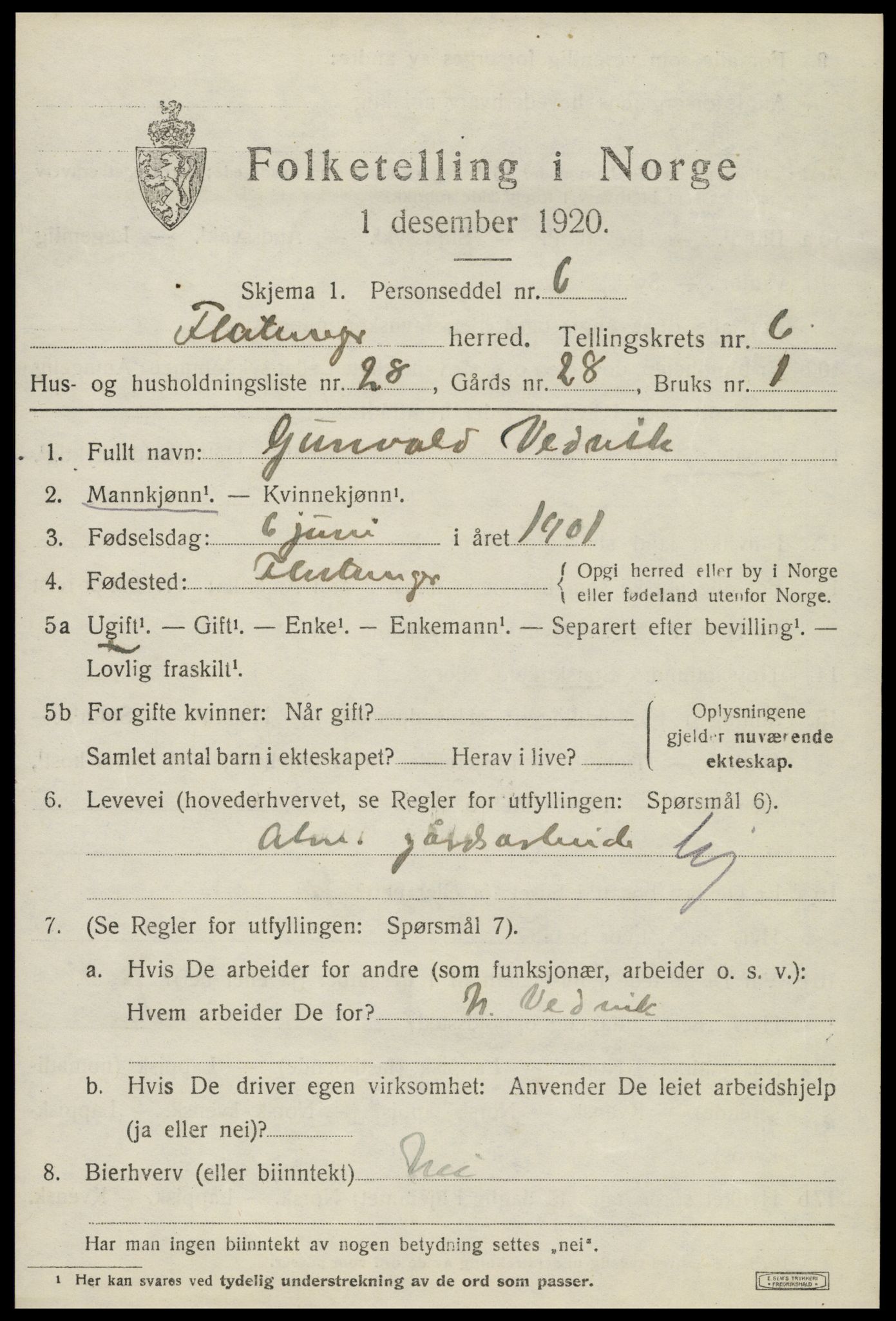 SAT, 1920 census for Flatanger, 1920, p. 3208