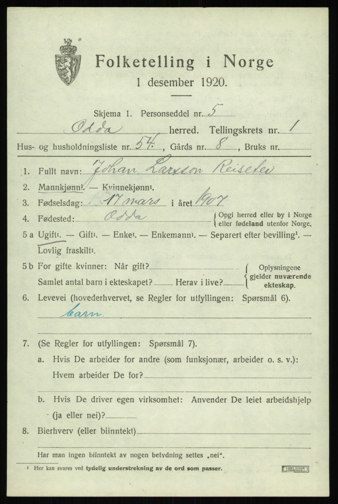 SAB, 1920 census for Odda, 1920, p. 1767