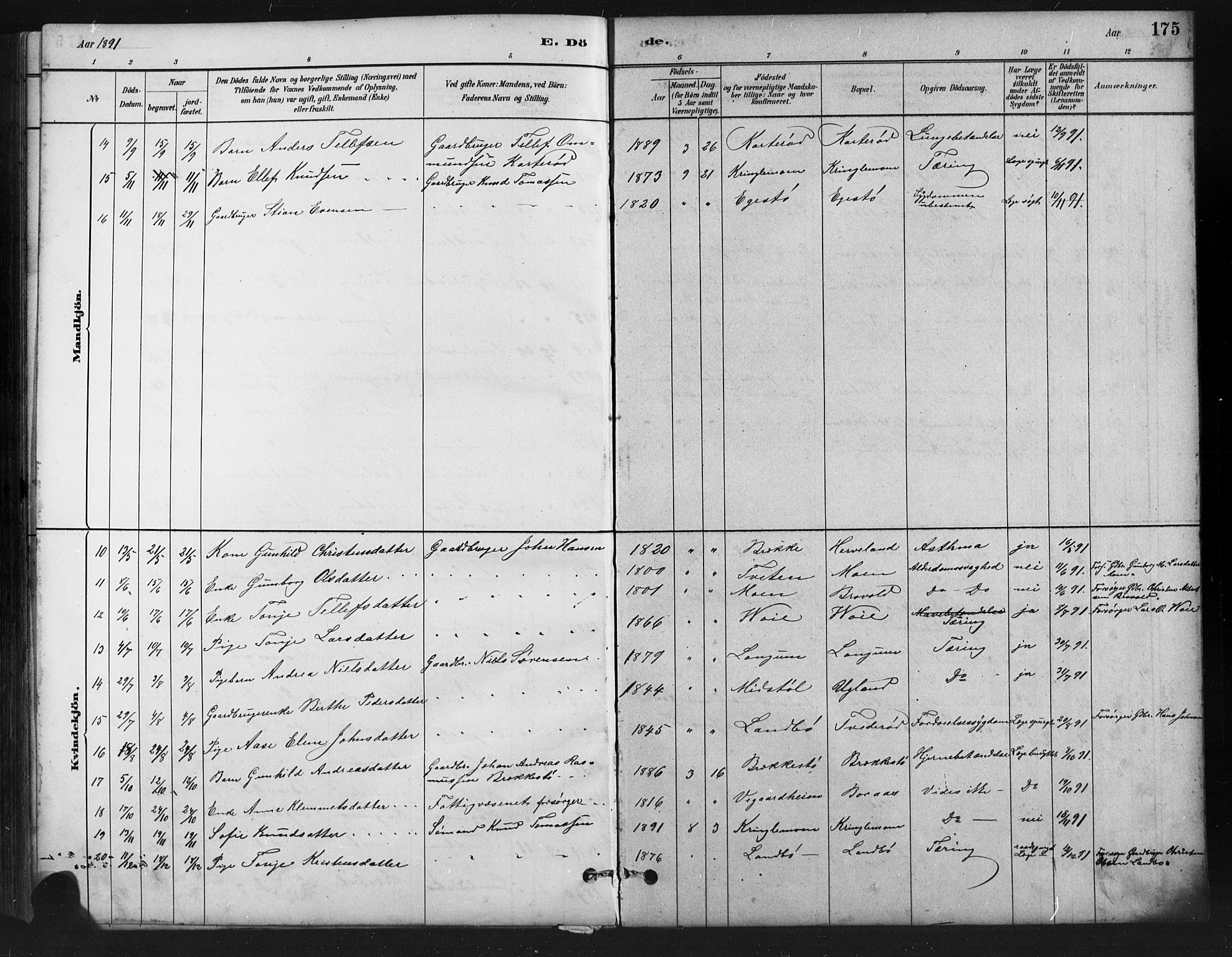 Austre Moland sokneprestkontor, AV/SAK-1111-0001/F/Fb/Fba/L0003: Parish register (copy) no. B 3, 1879-1914, p. 175