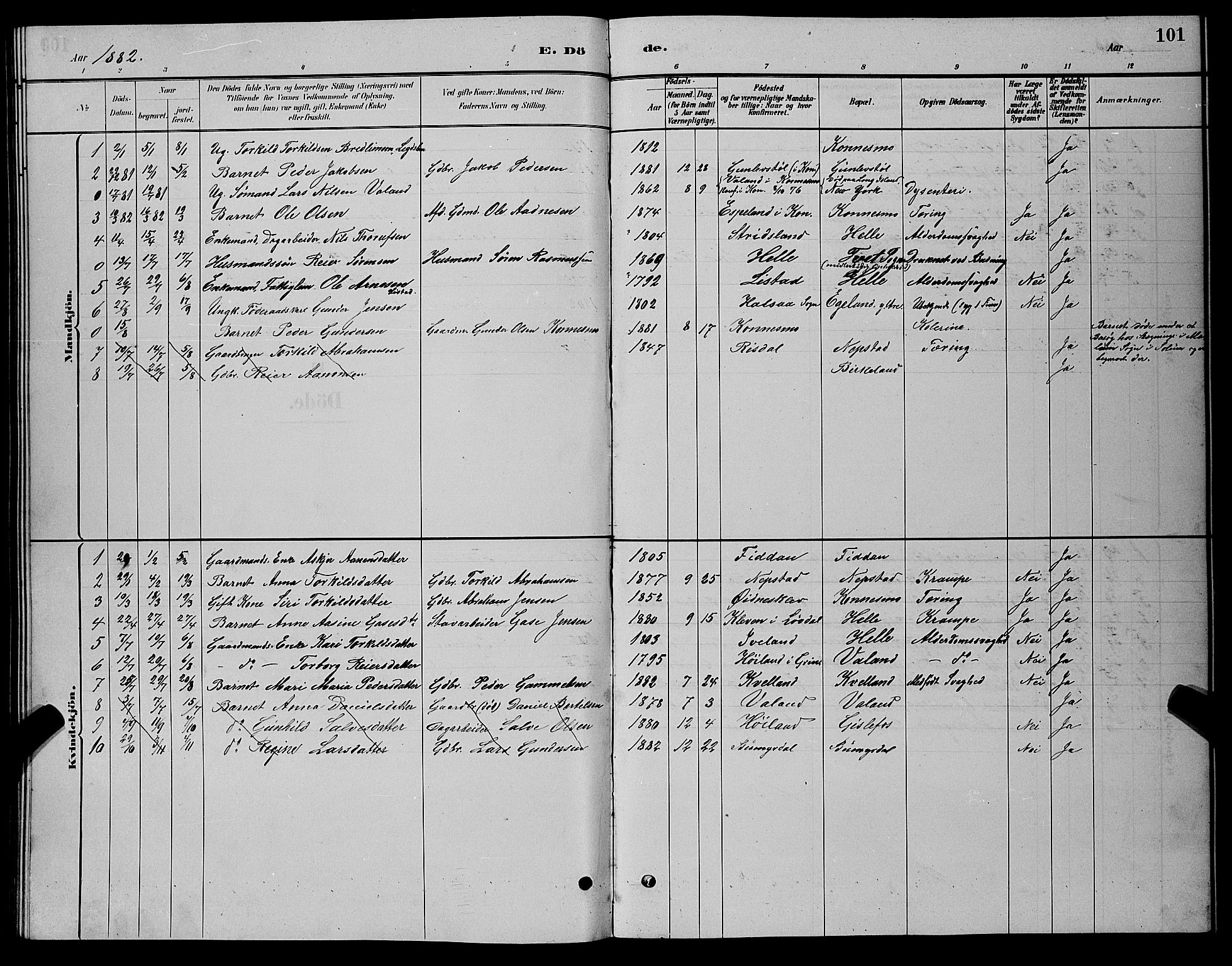 Nord-Audnedal sokneprestkontor, AV/SAK-1111-0032/F/Fb/Fba/L0003: Parish register (copy) no. B 3, 1881-1900, p. 101