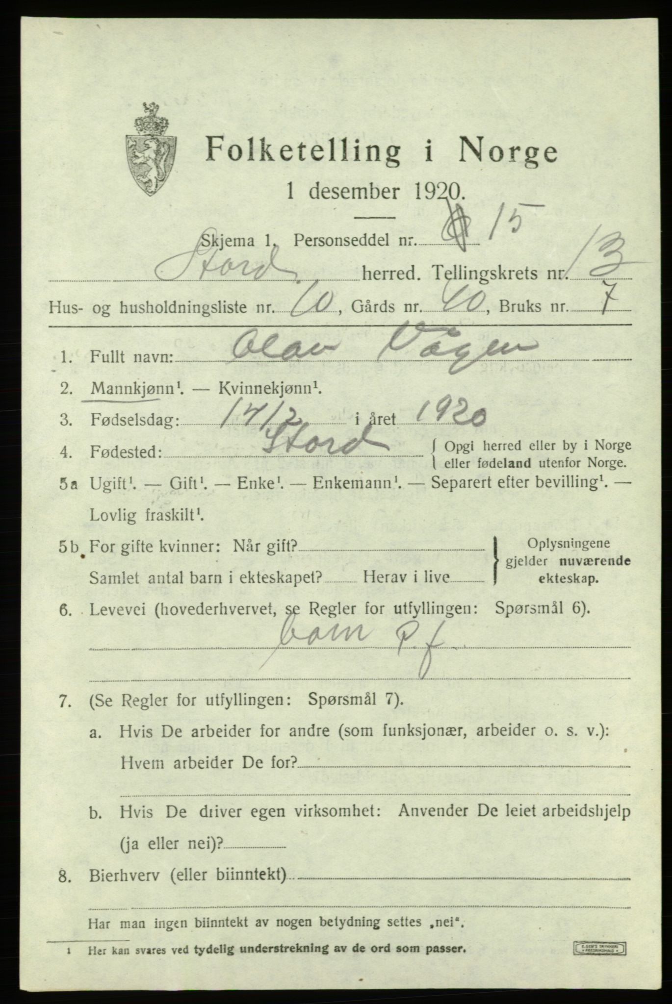 SAB, 1920 census for Stord, 1920, p. 7553