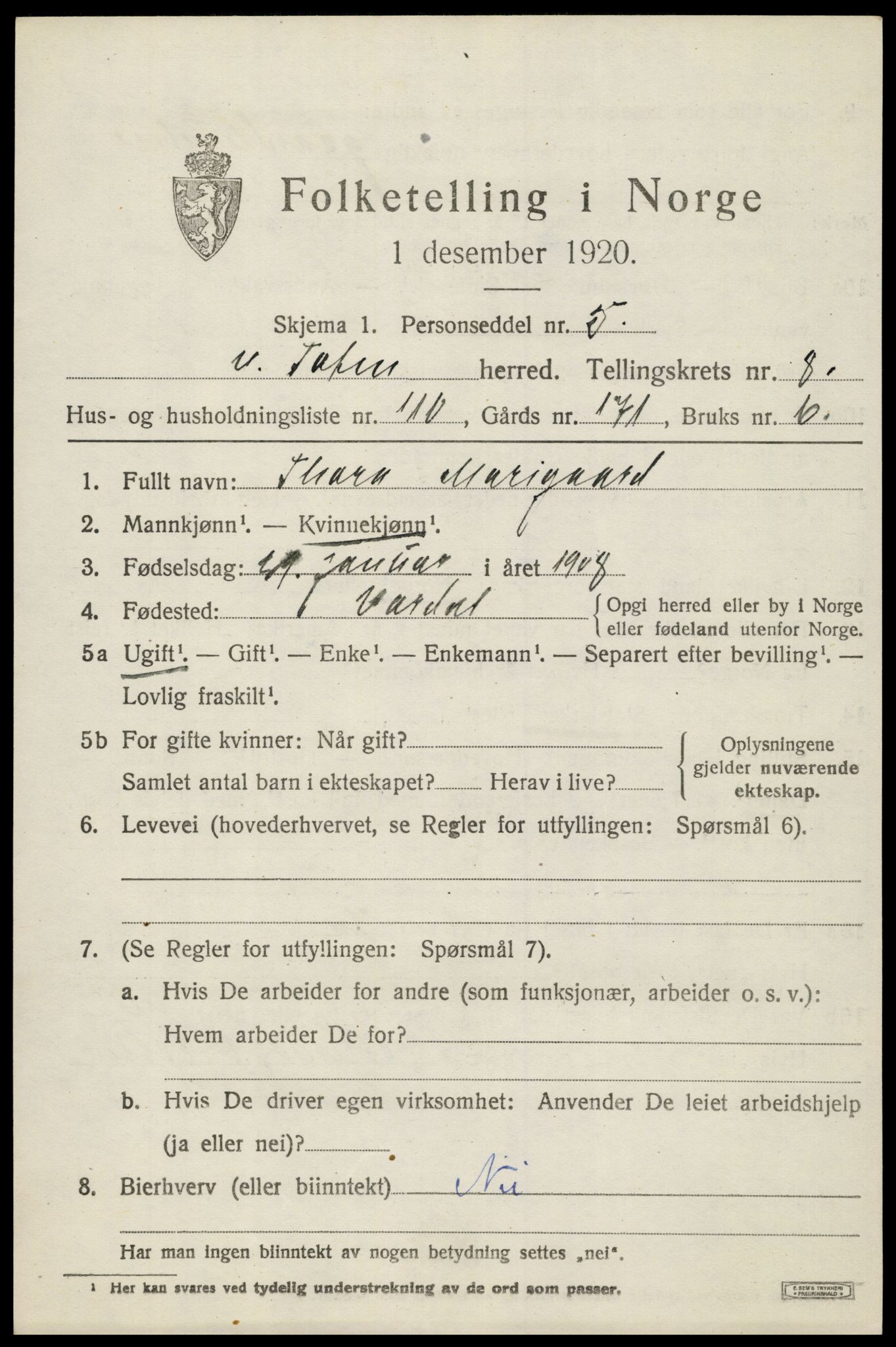 SAH, 1920 census for Vestre Toten, 1920, p. 11104