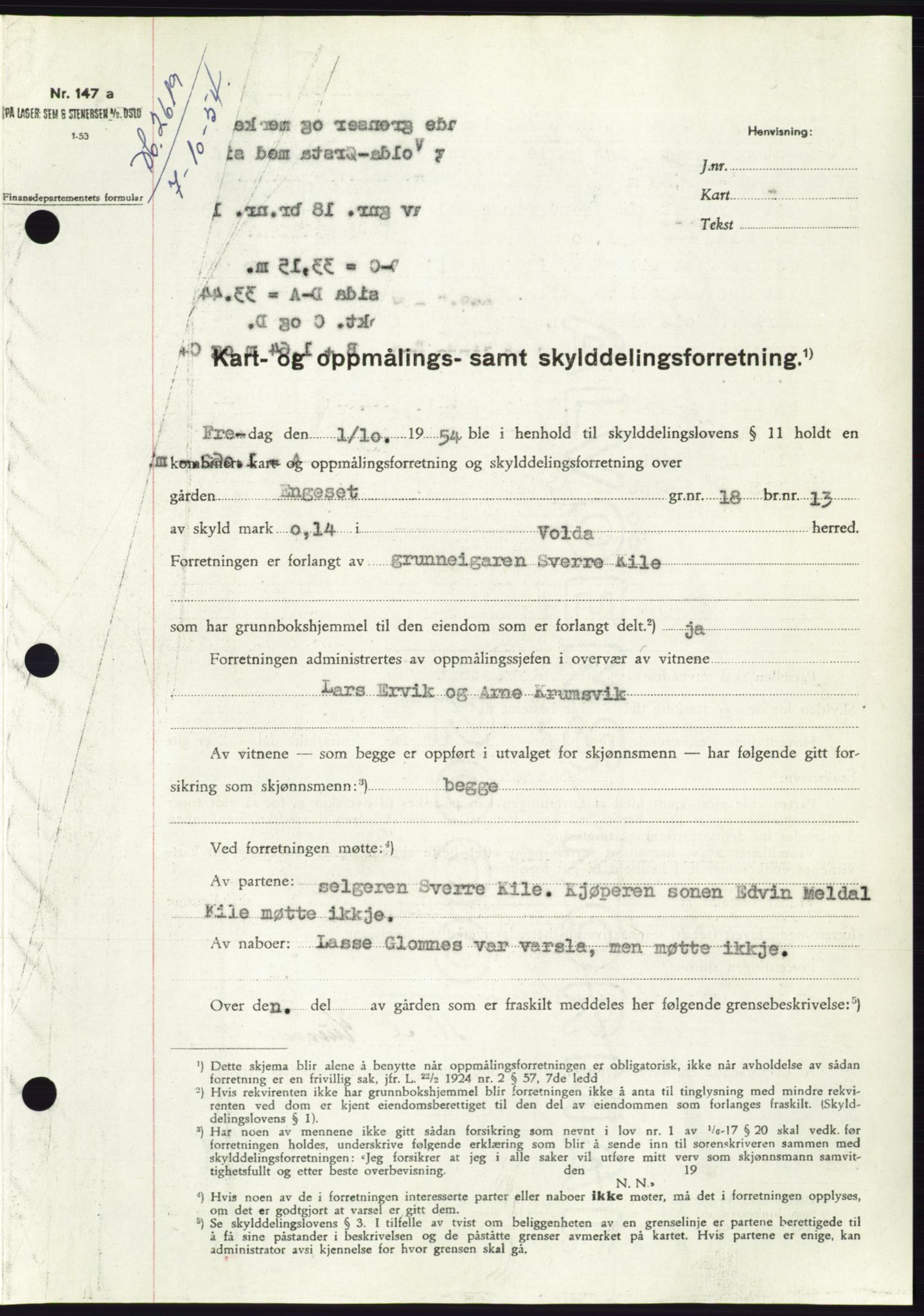 Søre Sunnmøre sorenskriveri, AV/SAT-A-4122/1/2/2C/L0099: Mortgage book no. 25A, 1954-1954, Diary no: : 2619/1954