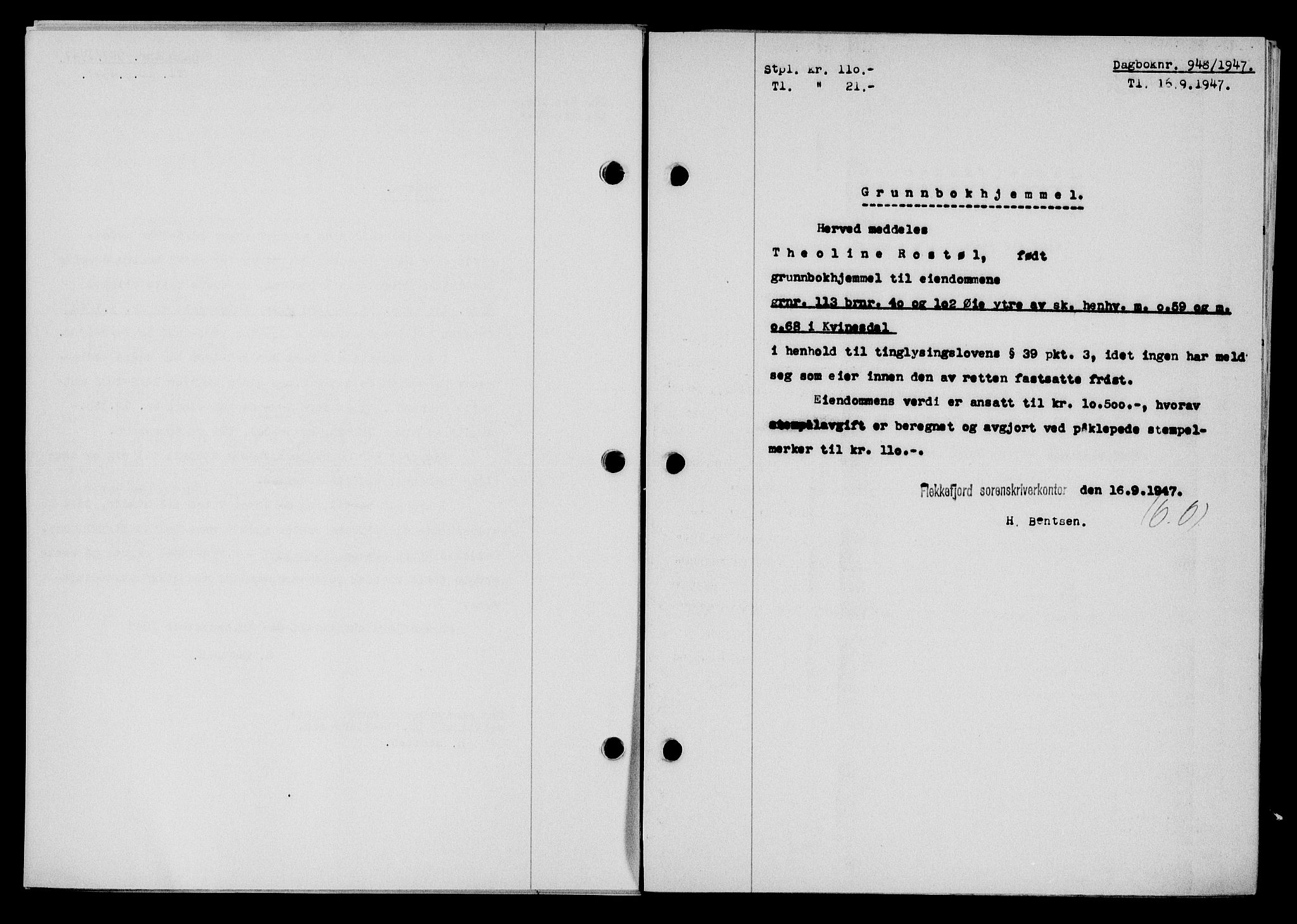 Flekkefjord sorenskriveri, SAK/1221-0001/G/Gb/Gba/L0062: Mortgage book no. A-10, 1947-1947, Diary no: : 948/1947