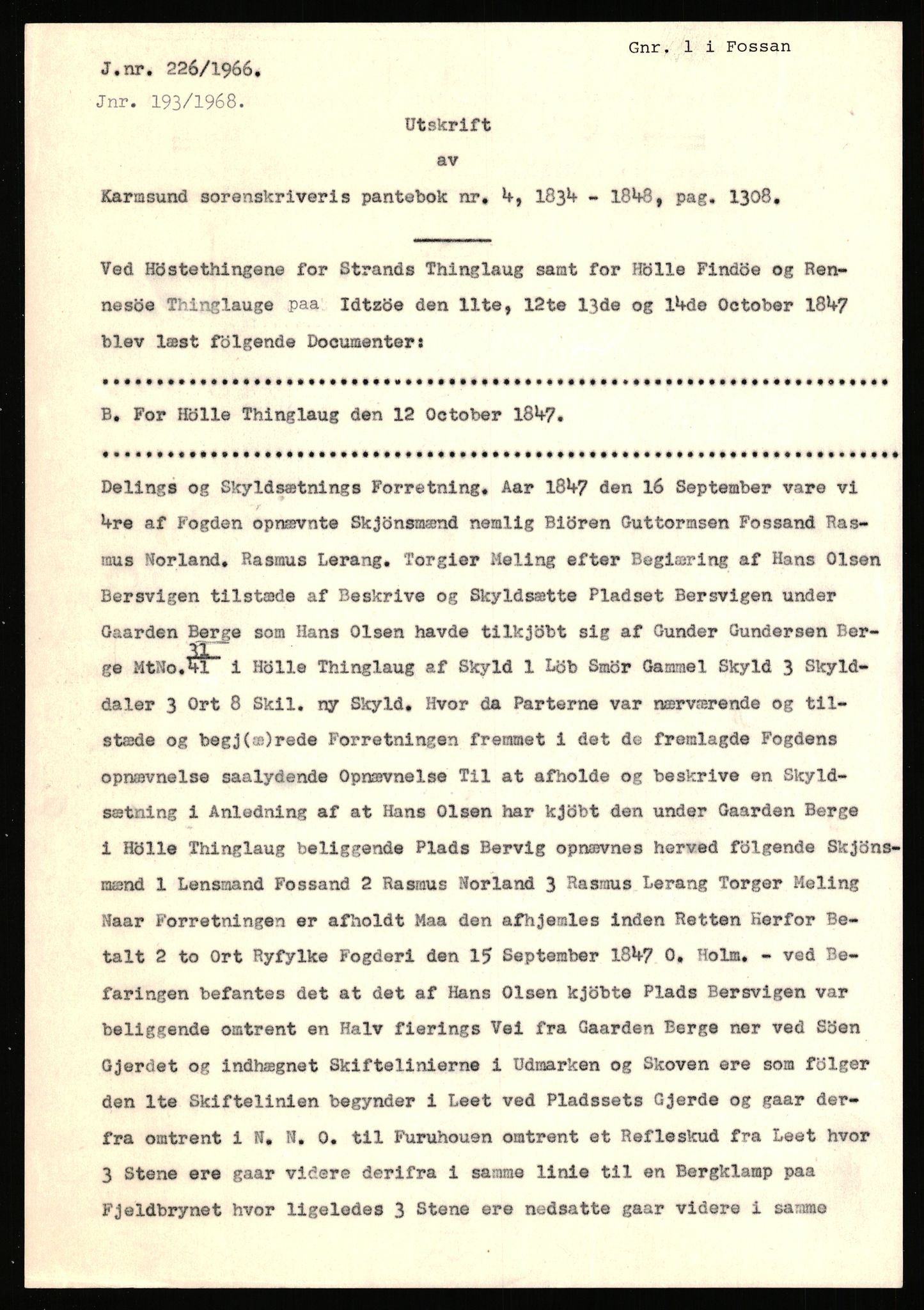 Statsarkivet i Stavanger, SAST/A-101971/03/Y/Yj/L0007: Avskrifter sortert etter gårdsnavn: Berekvam - Birkeland, 1750-1930, p. 72