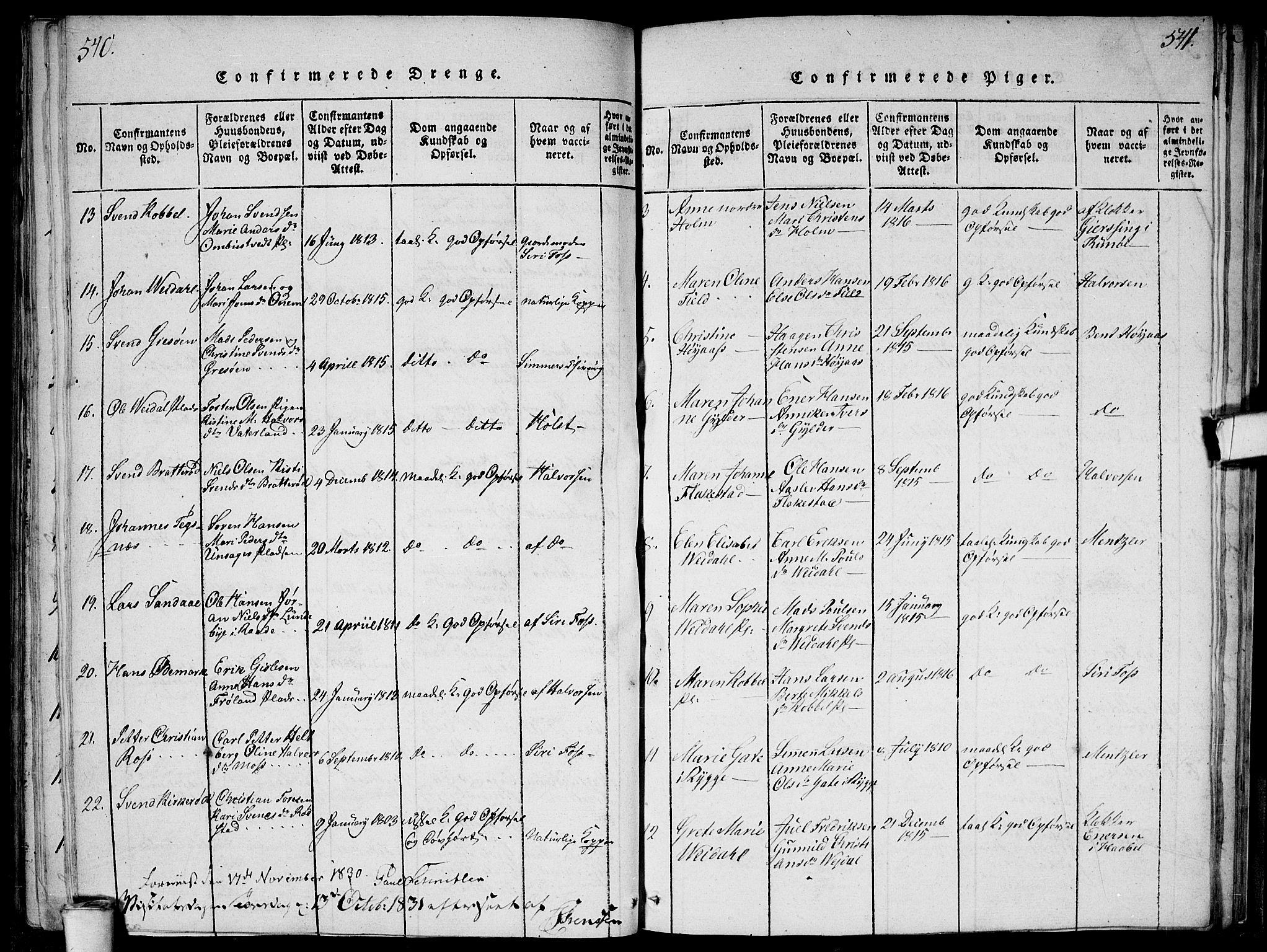 Våler prestekontor Kirkebøker, SAO/A-11083/G/Ga/L0001: Parish register (copy) no. I 1, 1815-1839, p. 540-541