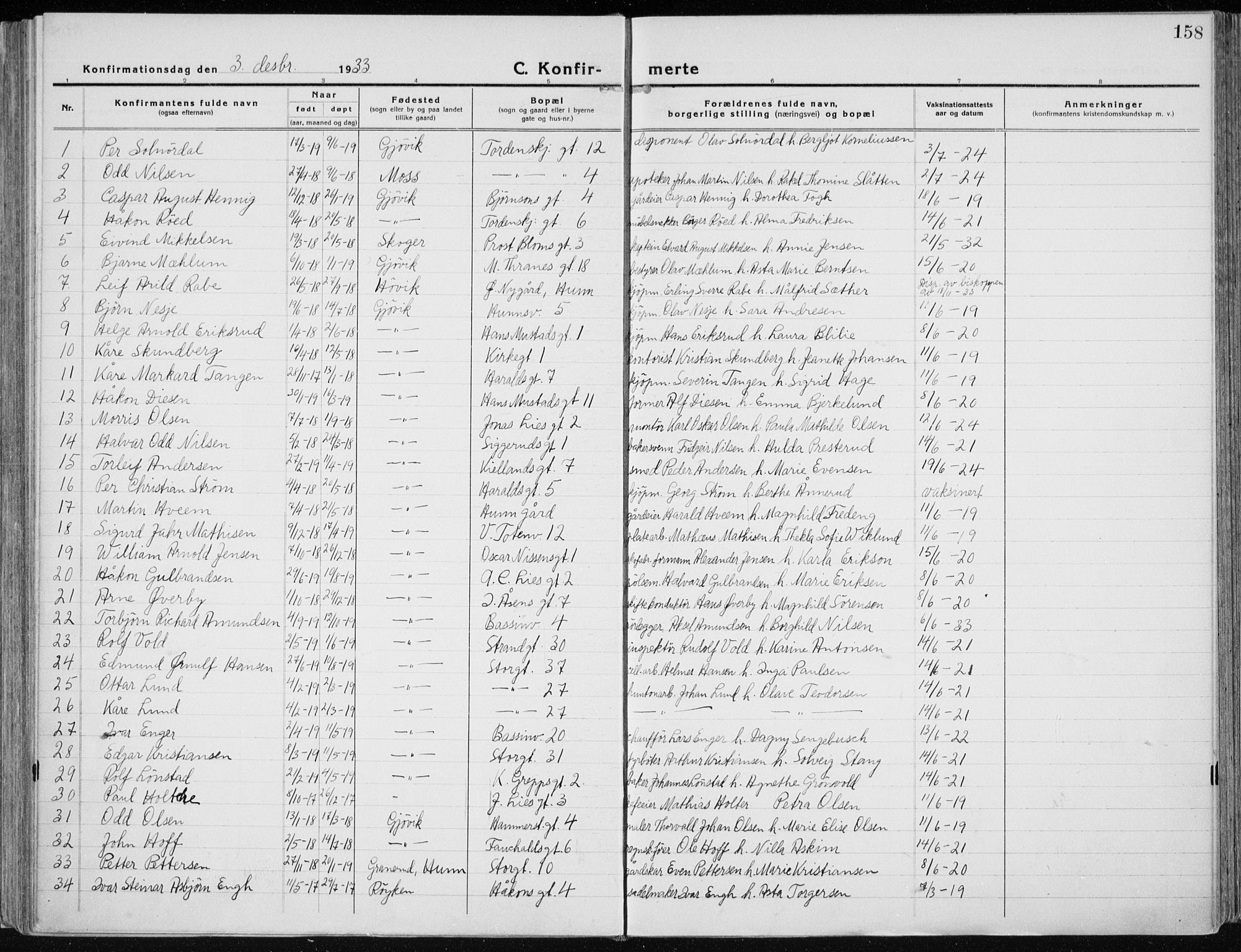 Vardal prestekontor, SAH/PREST-100/H/Ha/Haa/L0015: Parish register (official) no. 15, 1923-1937, p. 158