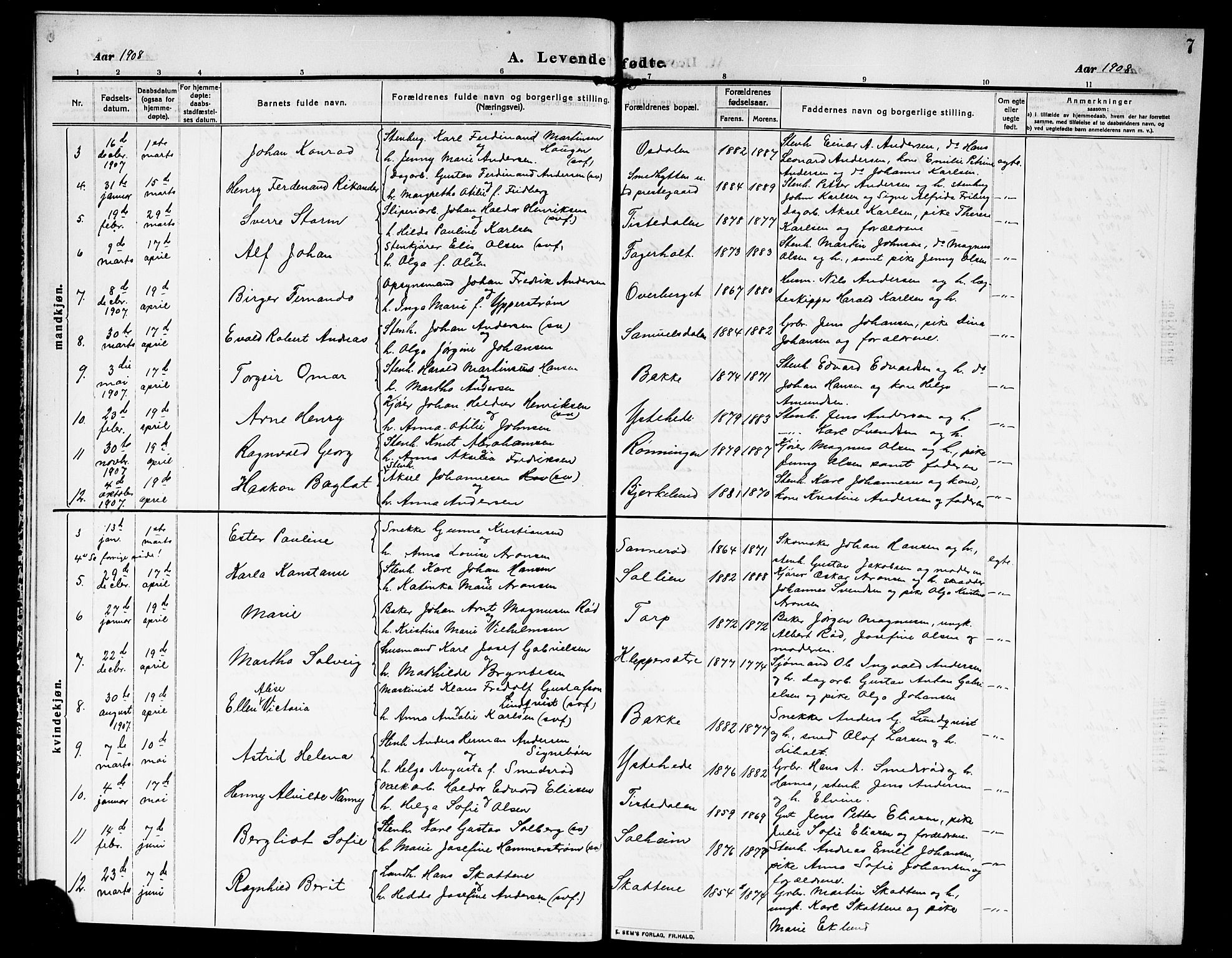 Idd prestekontor Kirkebøker, SAO/A-10911/G/Gb/L0002: Parish register (copy) no. II 2, 1907-1913, p. 7