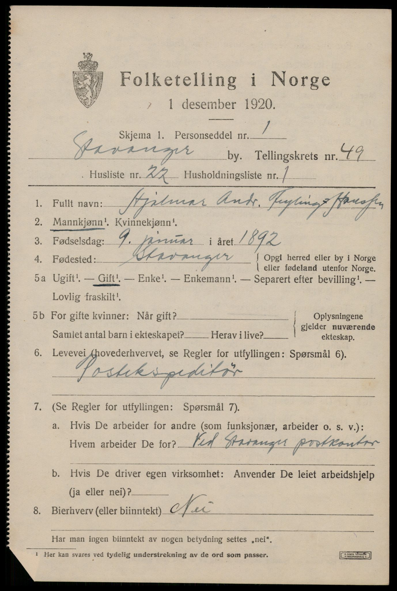 SAST, 1920 census for Stavanger, 1920, p. 118712