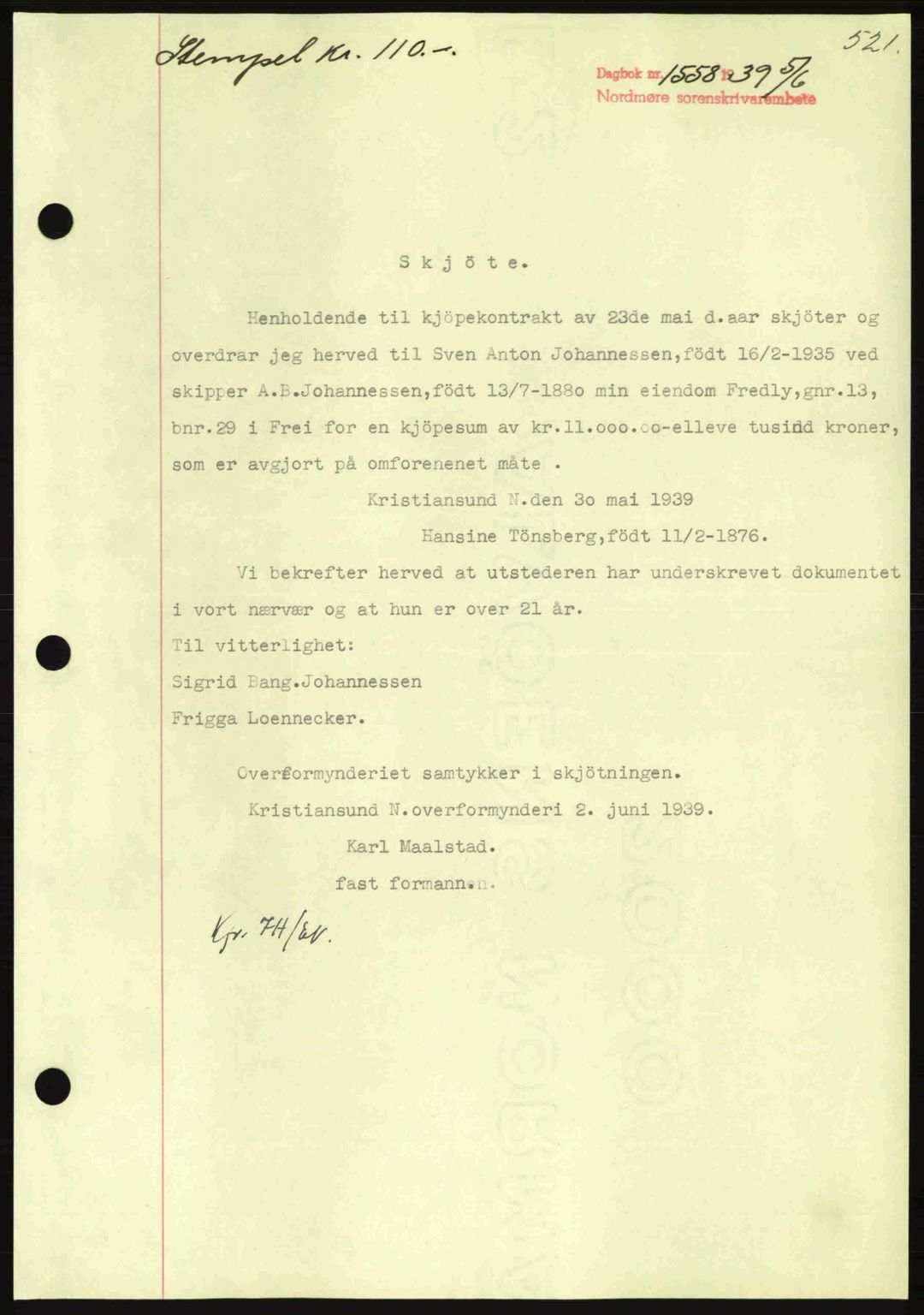 Nordmøre sorenskriveri, AV/SAT-A-4132/1/2/2Ca: Mortgage book no. A86, 1939-1939, Diary no: : 1558/1939