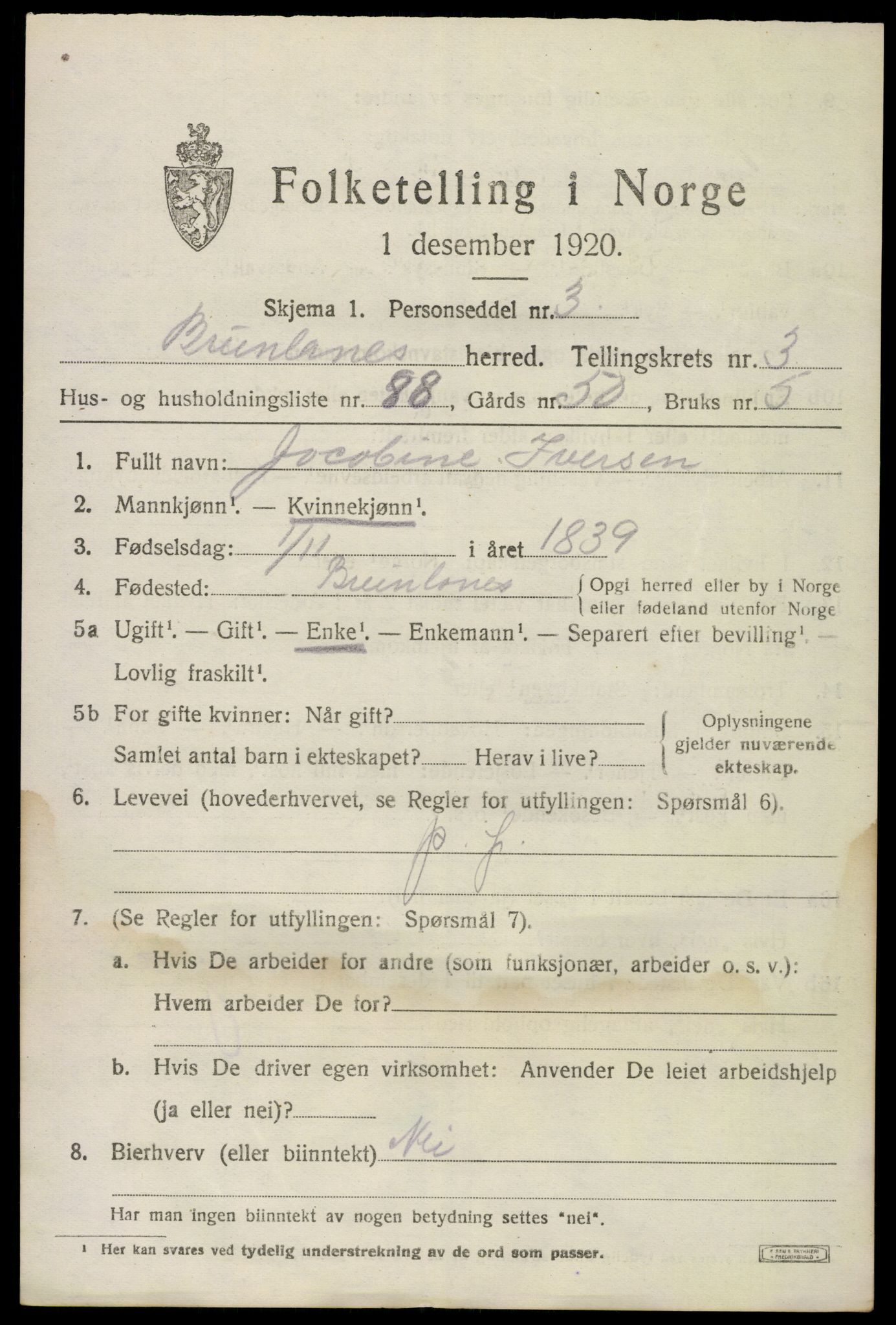 SAKO, 1920 census for Brunlanes, 1920, p. 5763