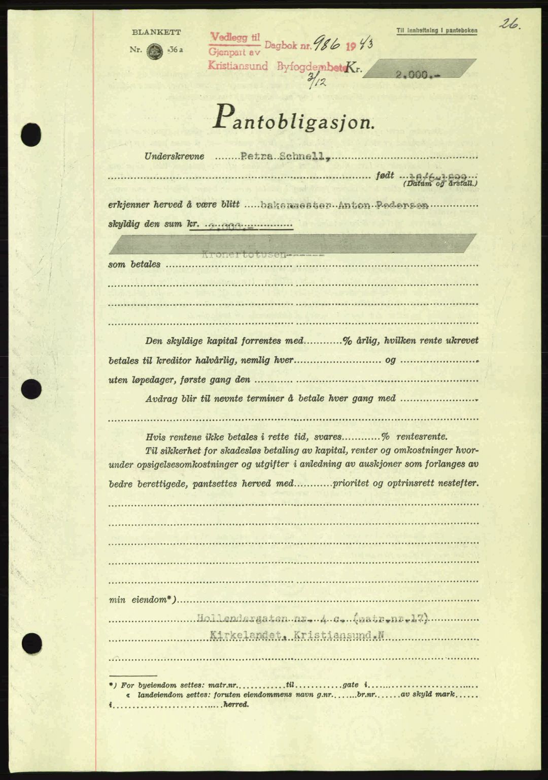 Kristiansund byfogd, SAT/A-4587/A/27: Mortgage book no. 37-38, 1943-1945, Diary no: : 986/1943