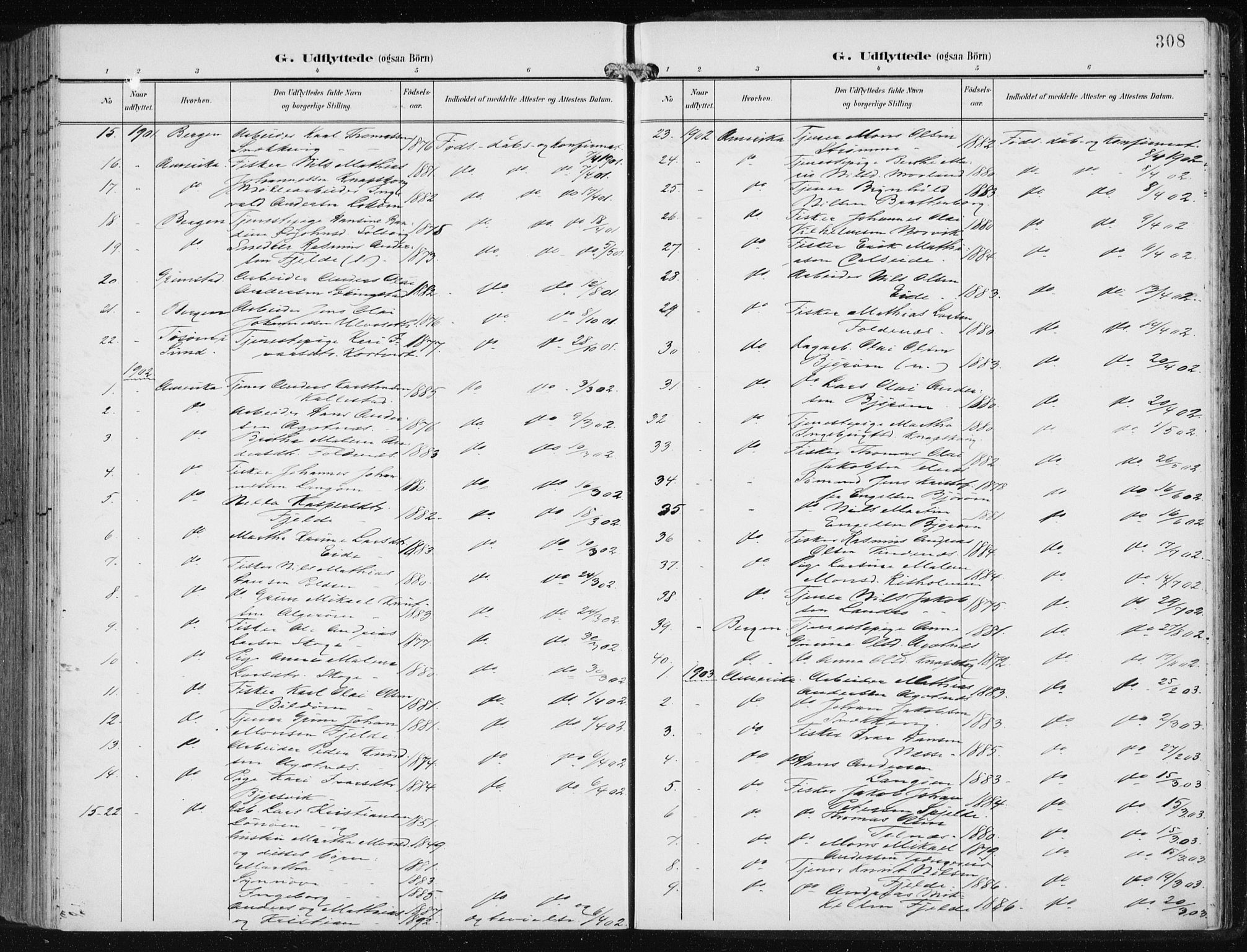 Fjell sokneprestembete, SAB/A-75301/H/Haa: Parish register (official) no. A  9, 1899-1910, p. 308