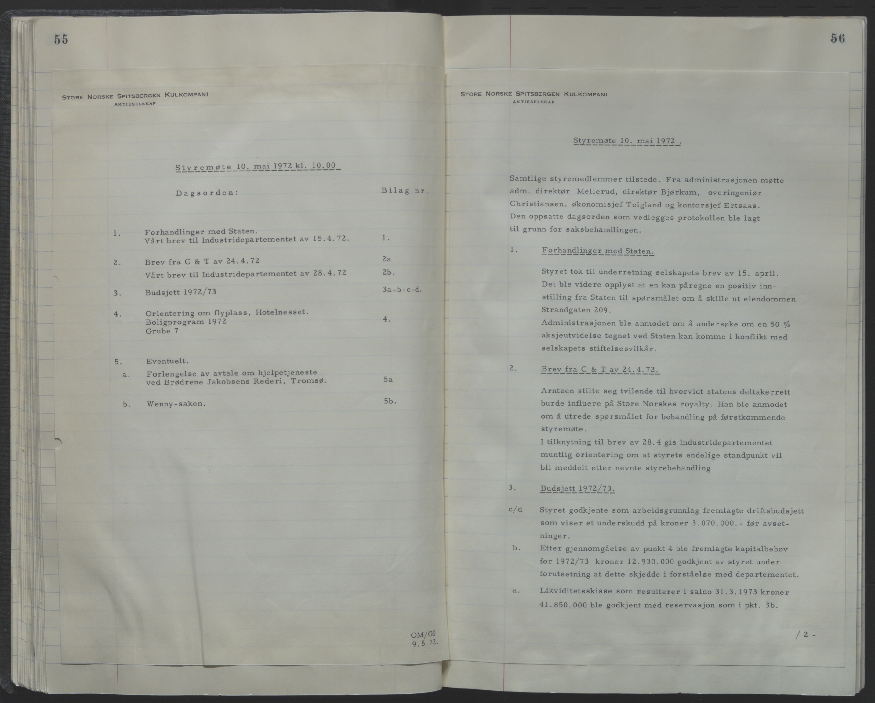 Store Norske Spitsbergen Kulkompani A/S, AV/SATØ-P-0073/09/A/Ab/Aba/L0001: Styreprotokoll 6, 1970-1979, p. 55-56