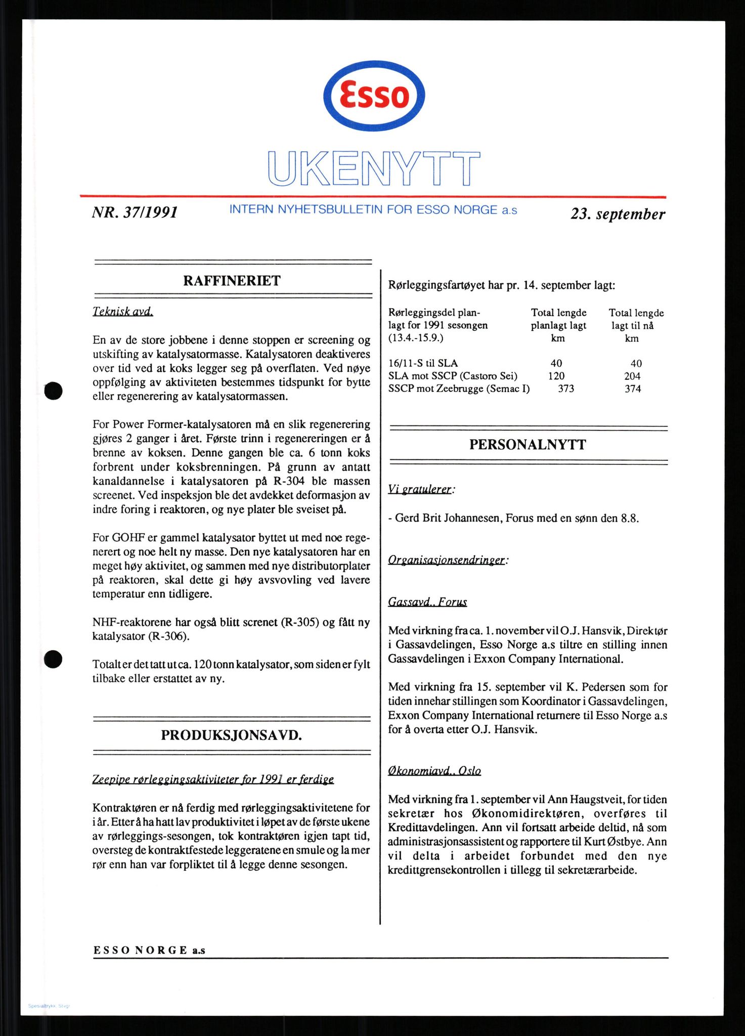 Pa 0982 - Esso Norge A/S, AV/SAST-A-100448/X/Xd/L0003: Ukenytt, 1987-1991