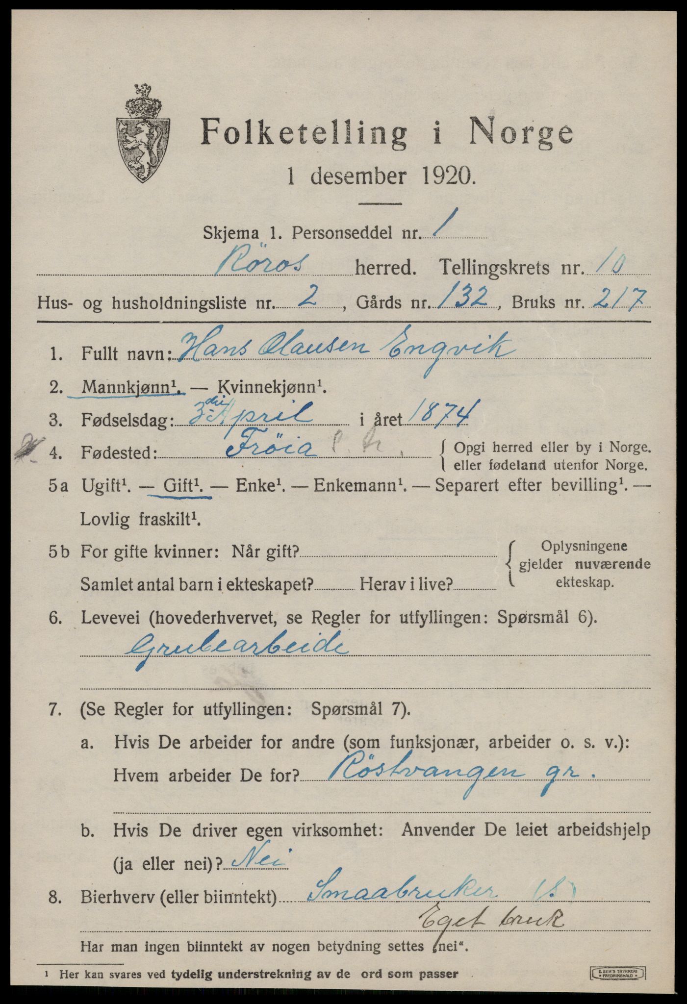 SAT, 1920 census for Røros, 1920, p. 8182