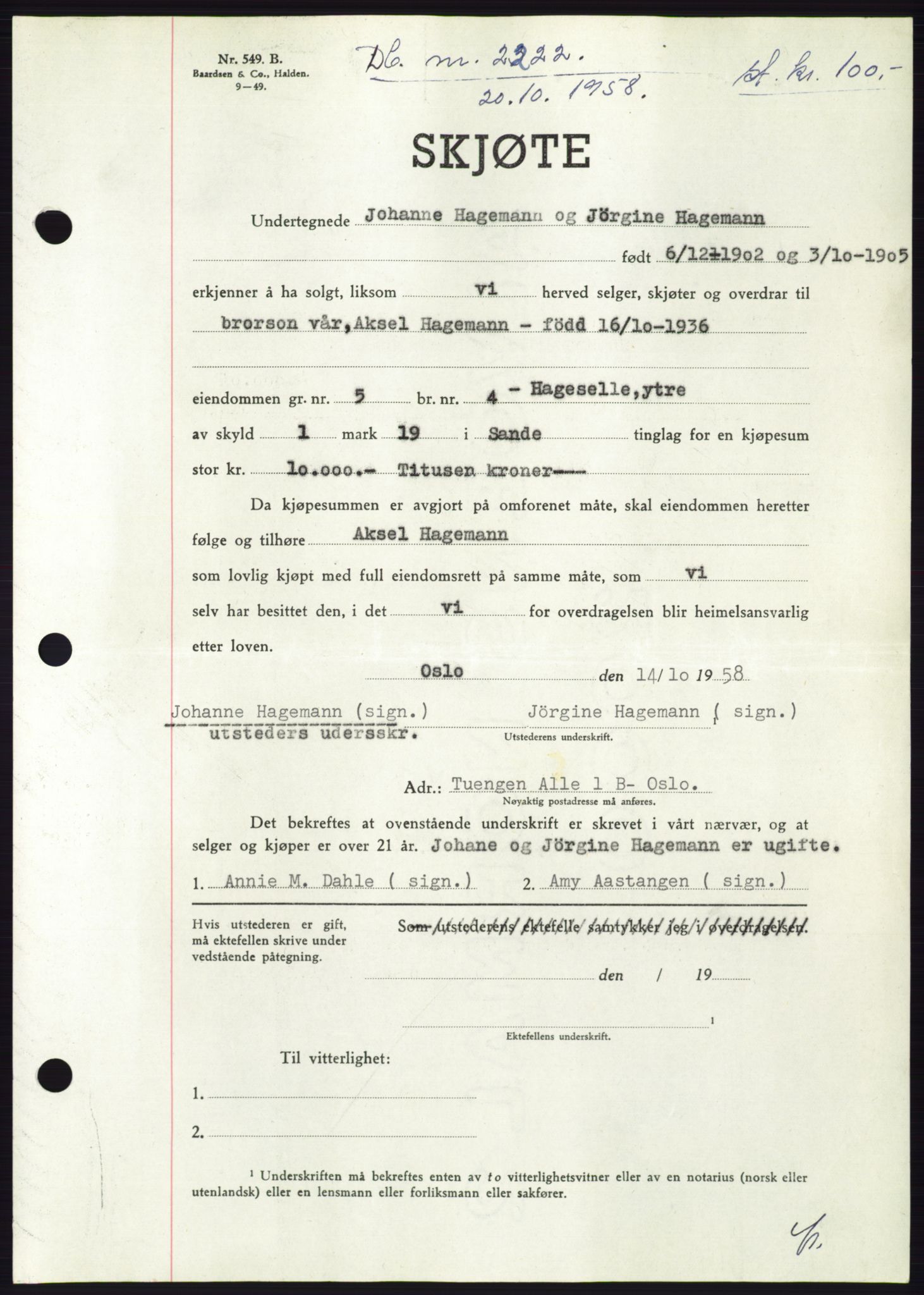 Søre Sunnmøre sorenskriveri, AV/SAT-A-4122/1/2/2C/L0110: Mortgage book no. 36A, 1958-1958, Diary no: : 2222/1958