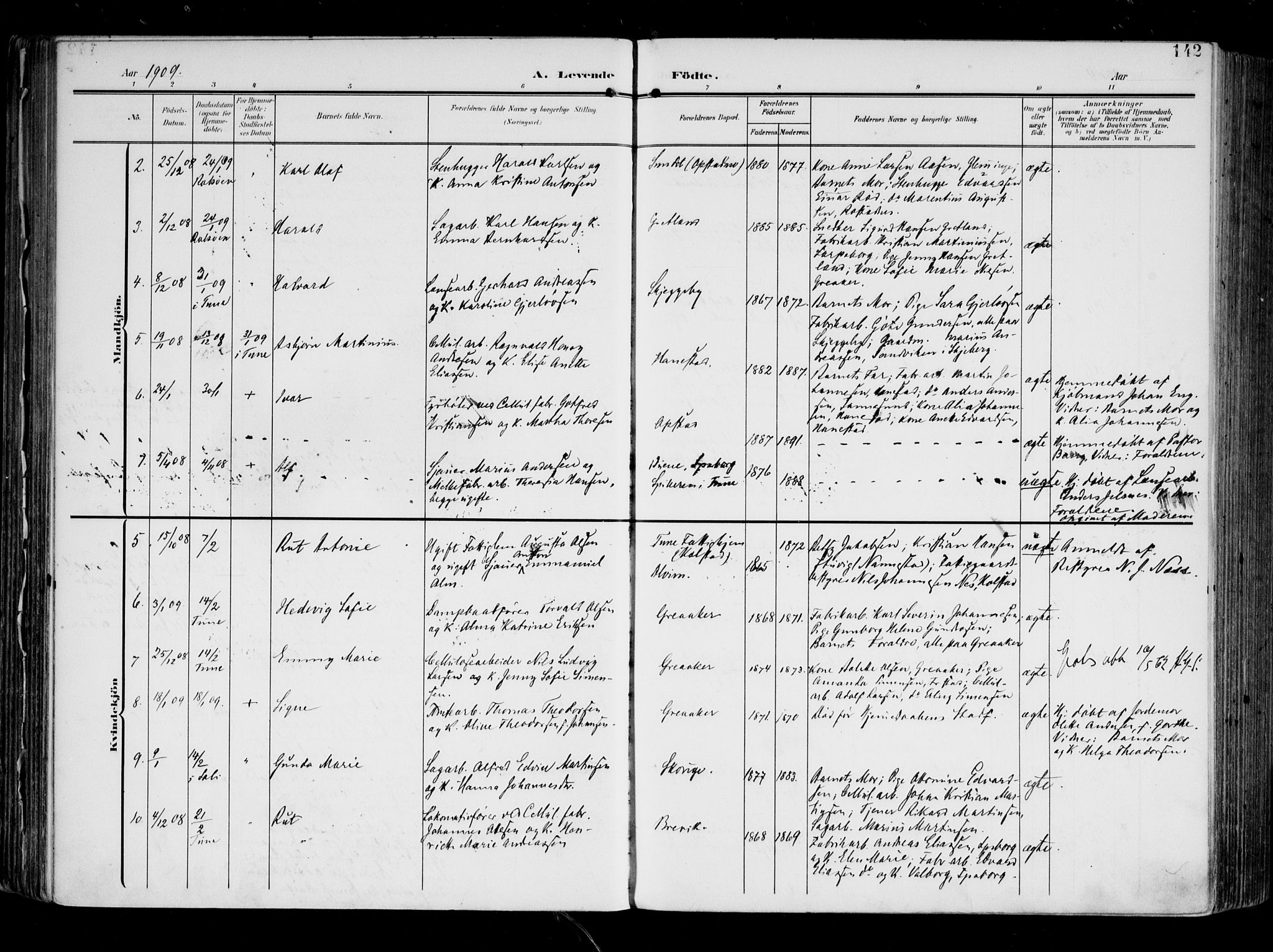Tune prestekontor Kirkebøker, AV/SAO-A-2007/F/Fa/L0020: Parish register (official) no. 20, 1904-1909, p. 142