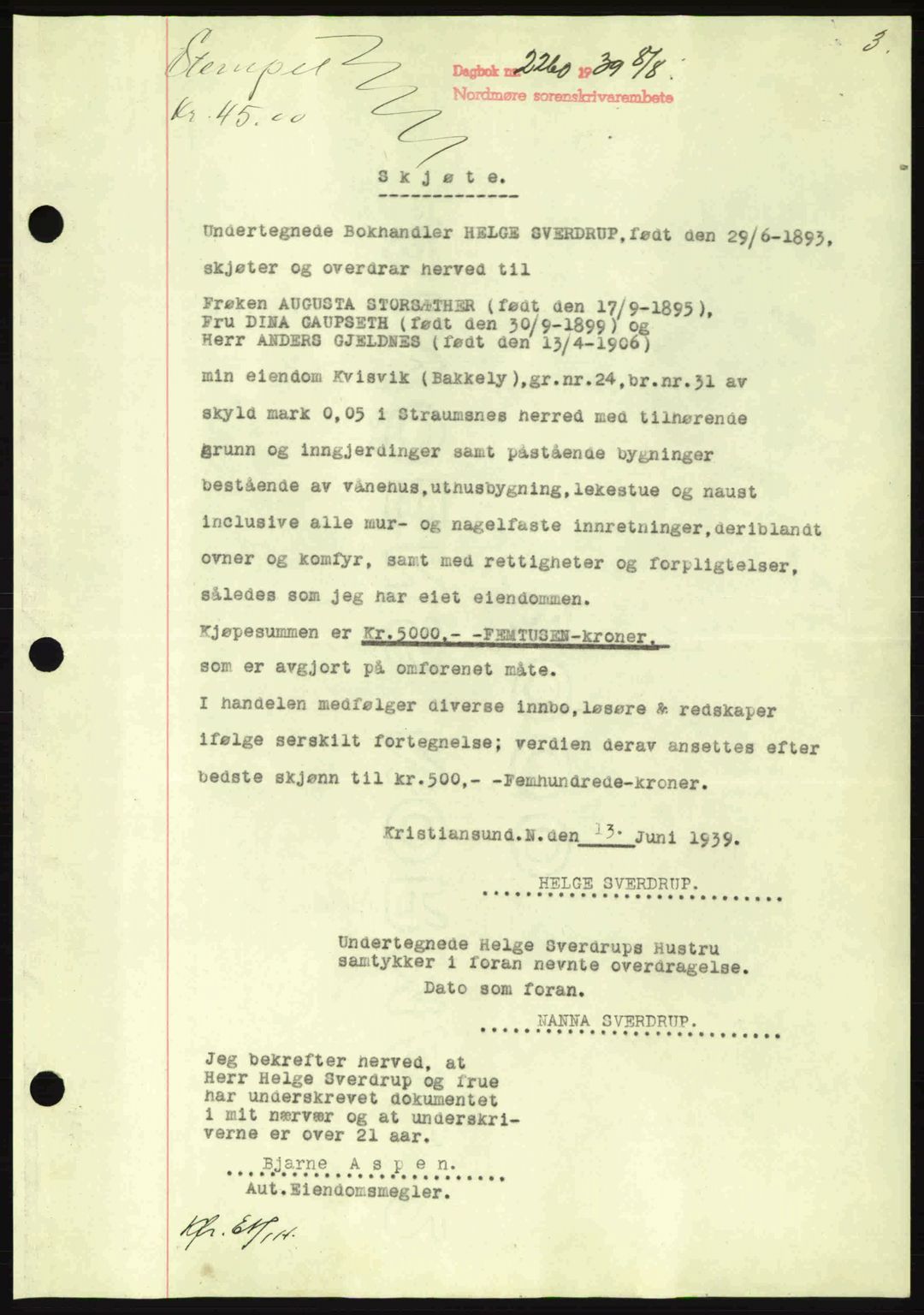 Nordmøre sorenskriveri, AV/SAT-A-4132/1/2/2Ca: Mortgage book no. A87, 1939-1940, Diary no: : 2260/1939