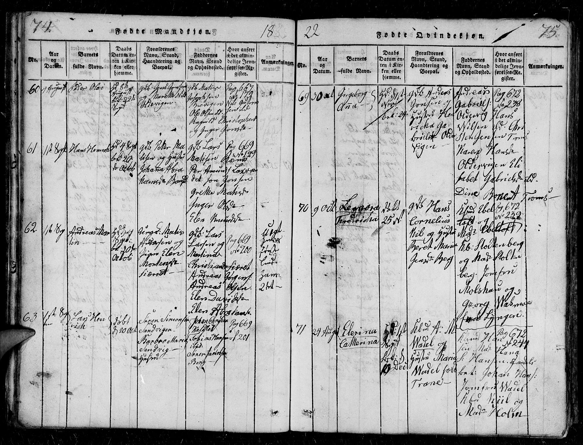 Tromsø sokneprestkontor/stiftsprosti/domprosti, SATØ/S-1343/G/Gb/L0001klokker: Parish register (copy) no. 1, 1821-1833, p. 74-75