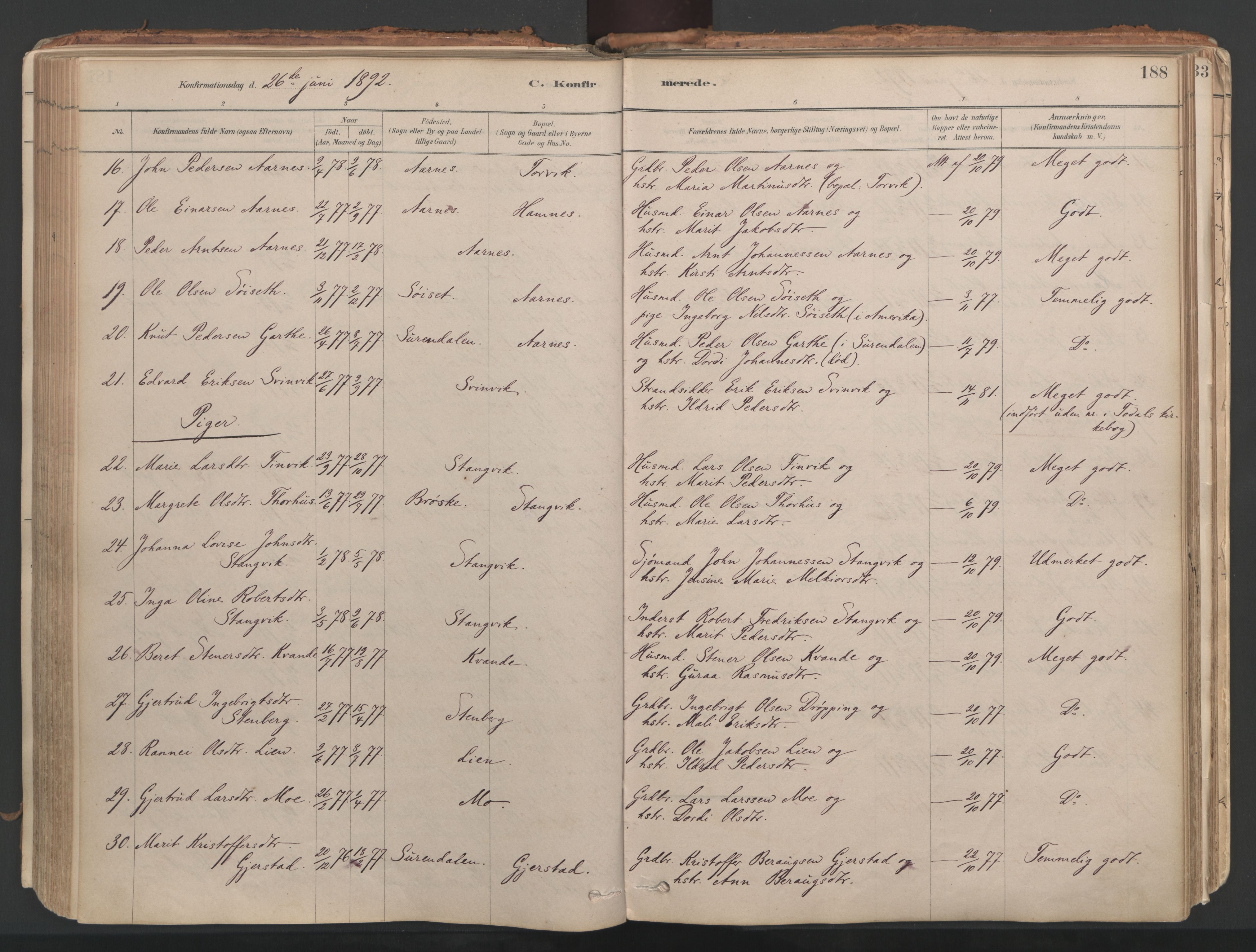 Ministerialprotokoller, klokkerbøker og fødselsregistre - Møre og Romsdal, AV/SAT-A-1454/592/L1029: Parish register (official) no. 592A07, 1879-1902, p. 188