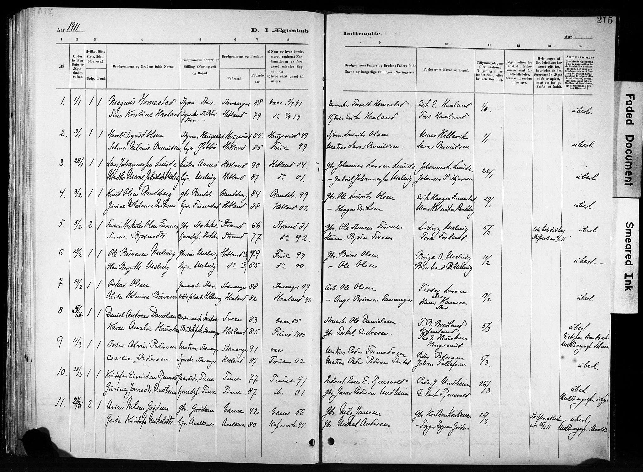 Hetland sokneprestkontor, SAST/A-101826/30/30BA/L0011: Parish register (official) no. A 11, 1884-1911, p. 215