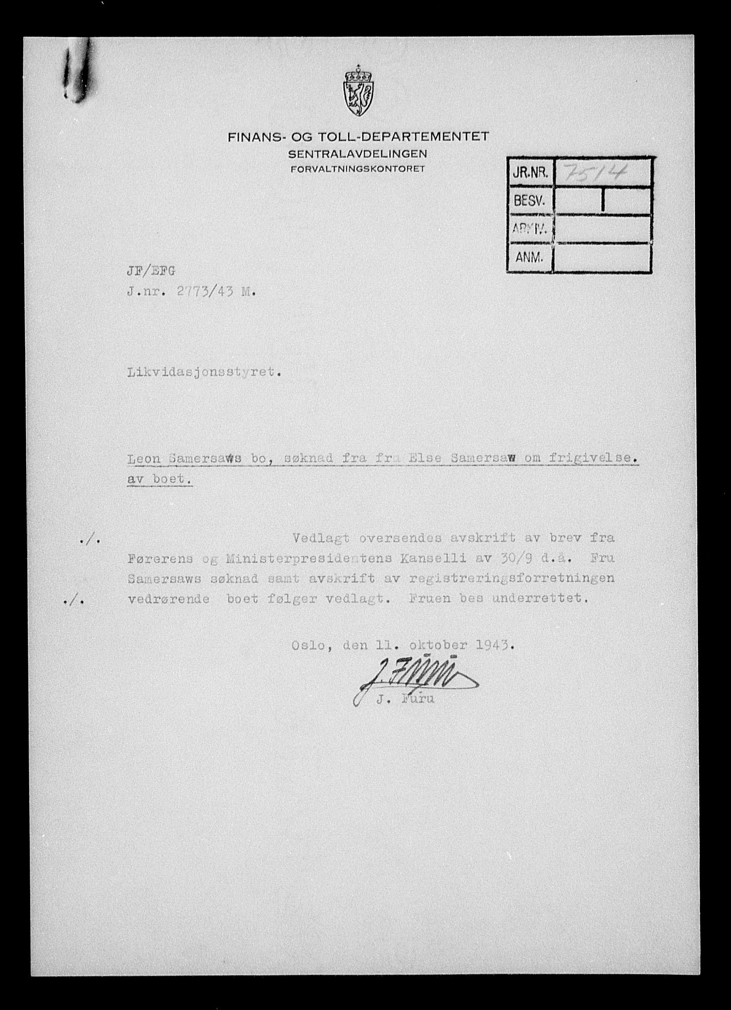 Justisdepartementet, Tilbakeføringskontoret for inndratte formuer, AV/RA-S-1564/H/Hc/Hcc/L0976: --, 1945-1947, p. 613